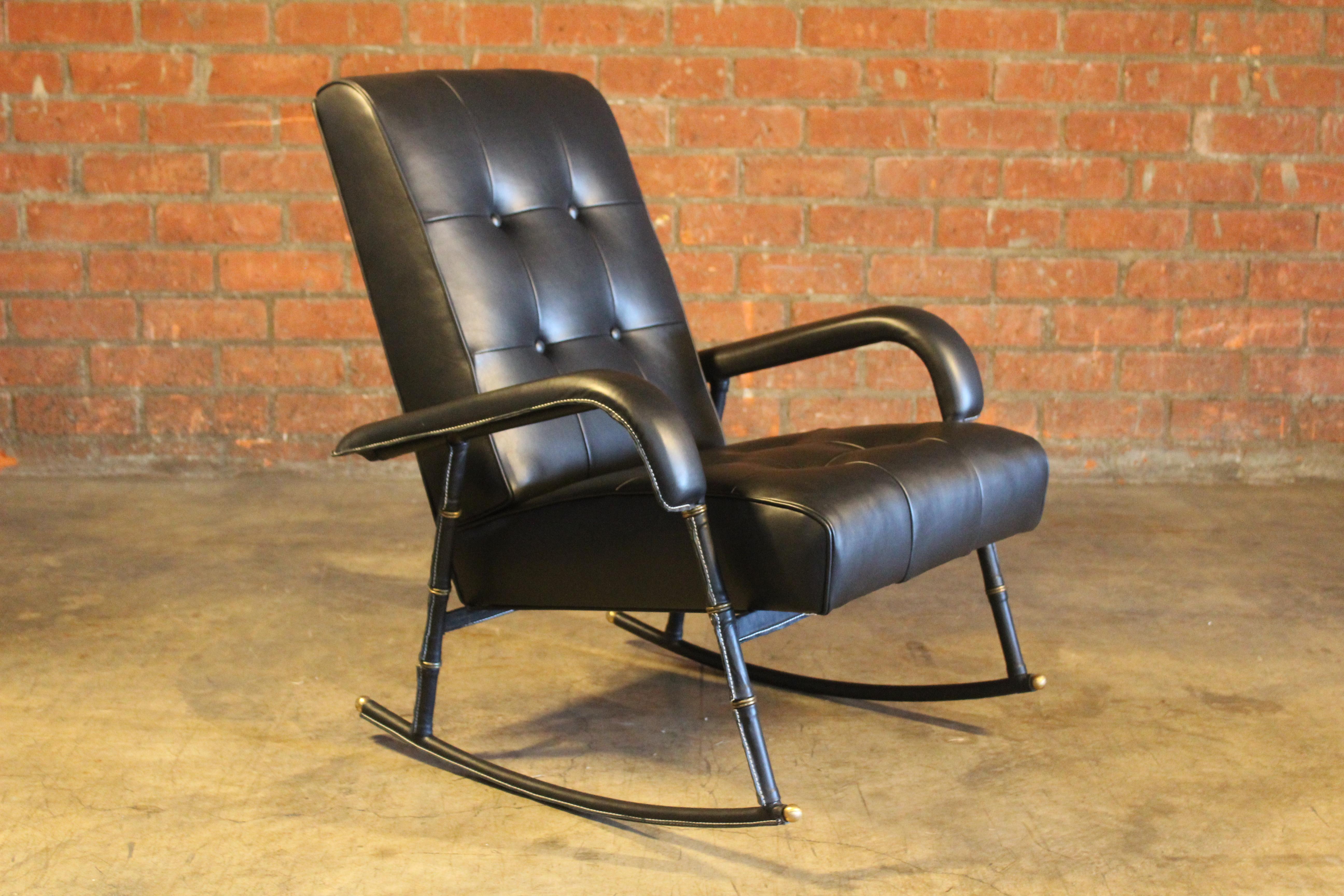 Brass Leather Rocking Chair by Jacques Adnet, France, 1950 For Sale