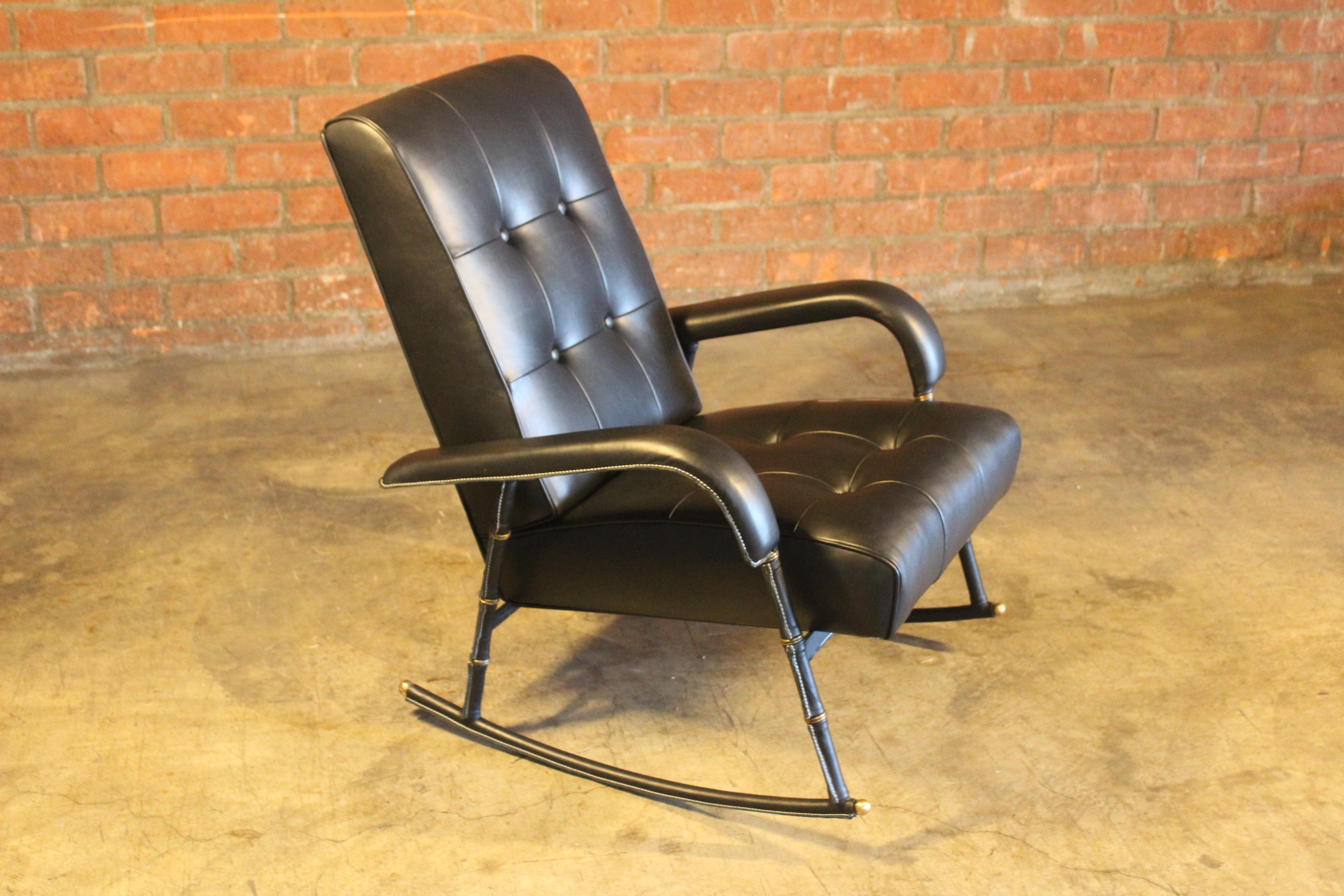 Brass Leather Rocking Chair by Jacques Adnet, France, 1950