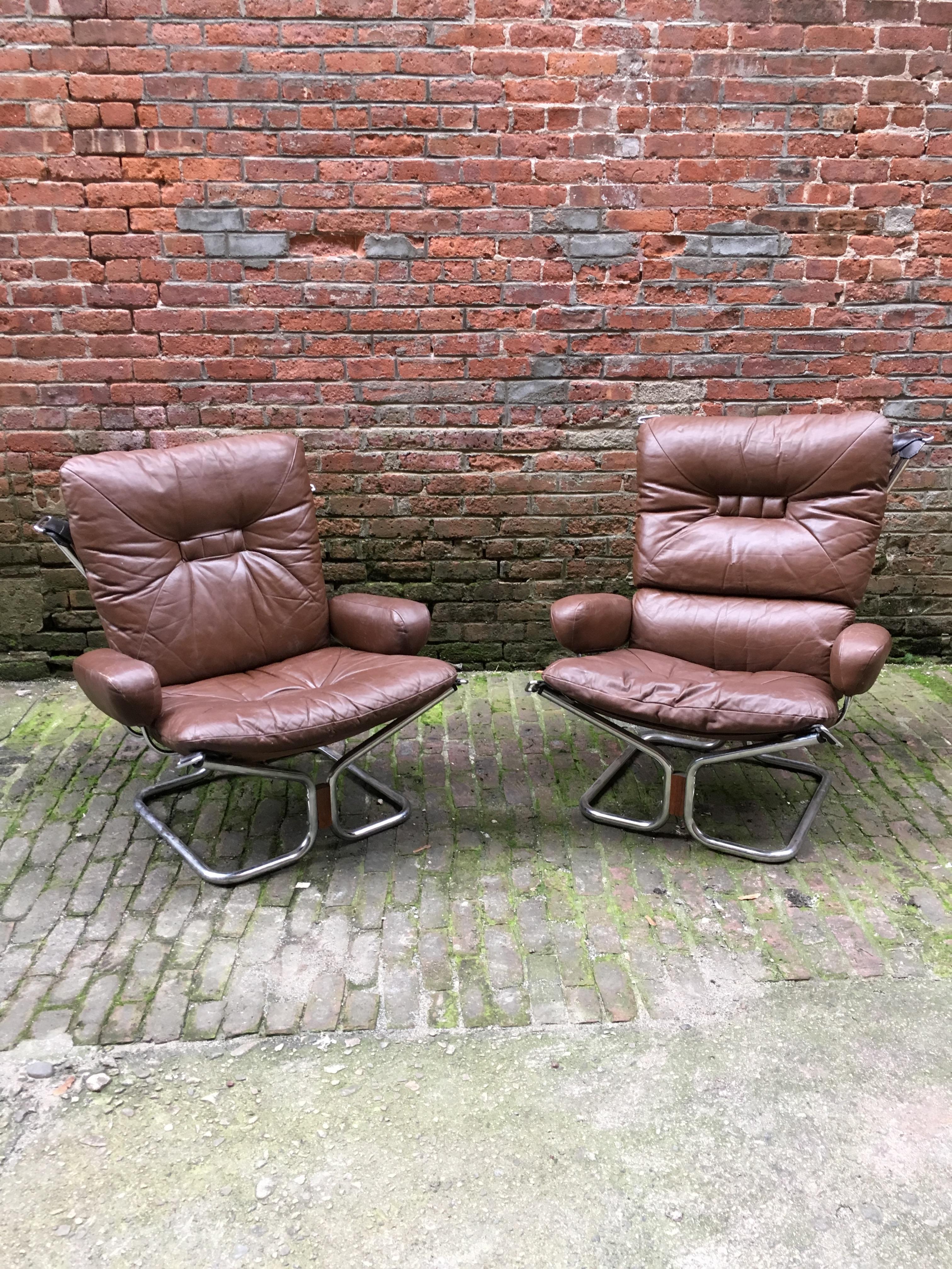 Scandinavian Modern Leather, Rosewood and Chrome Westnofa Armchairs and Ottoman