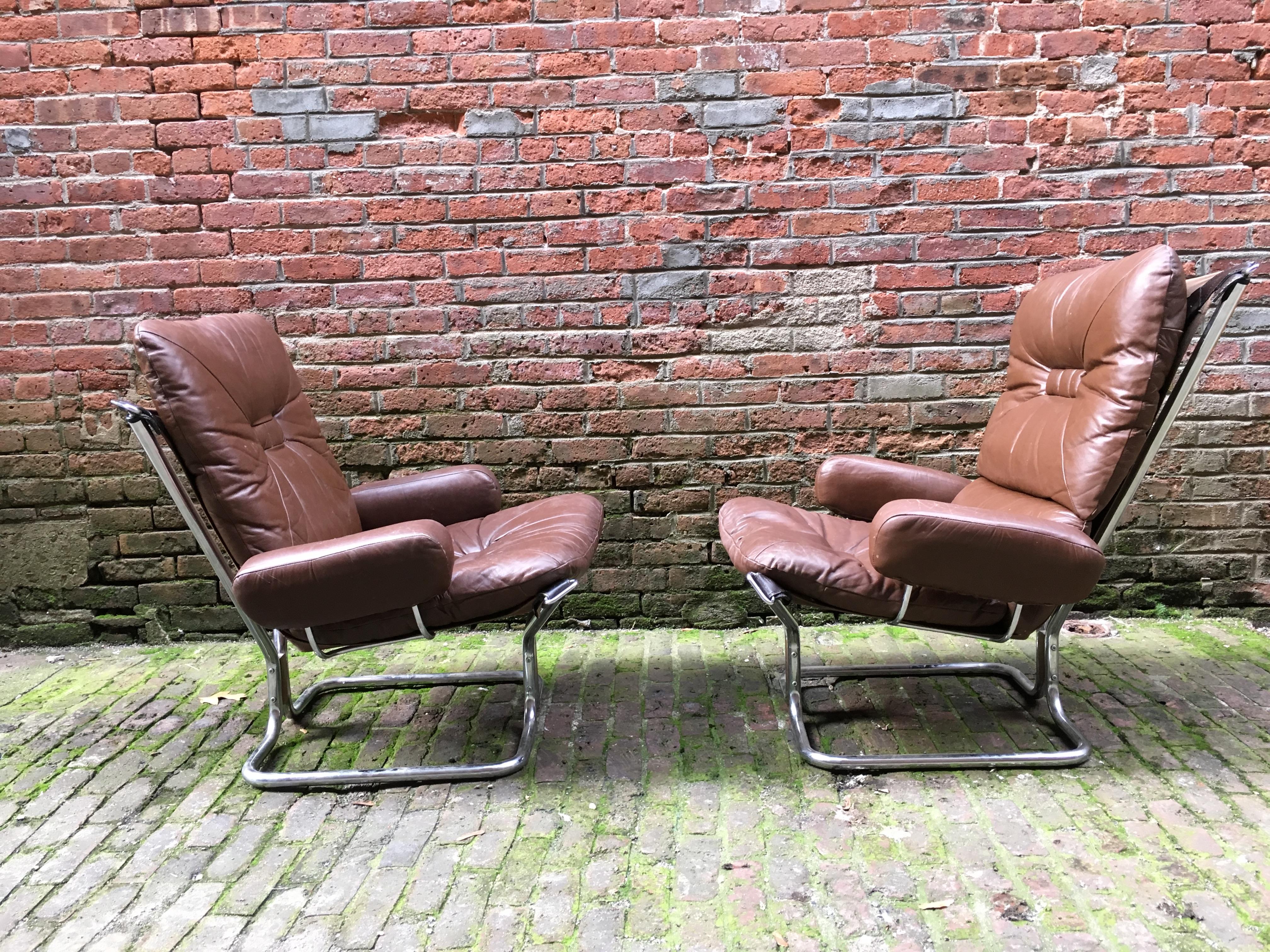 Norwegian Leather, Rosewood and Chrome Westnofa Armchairs and Ottoman