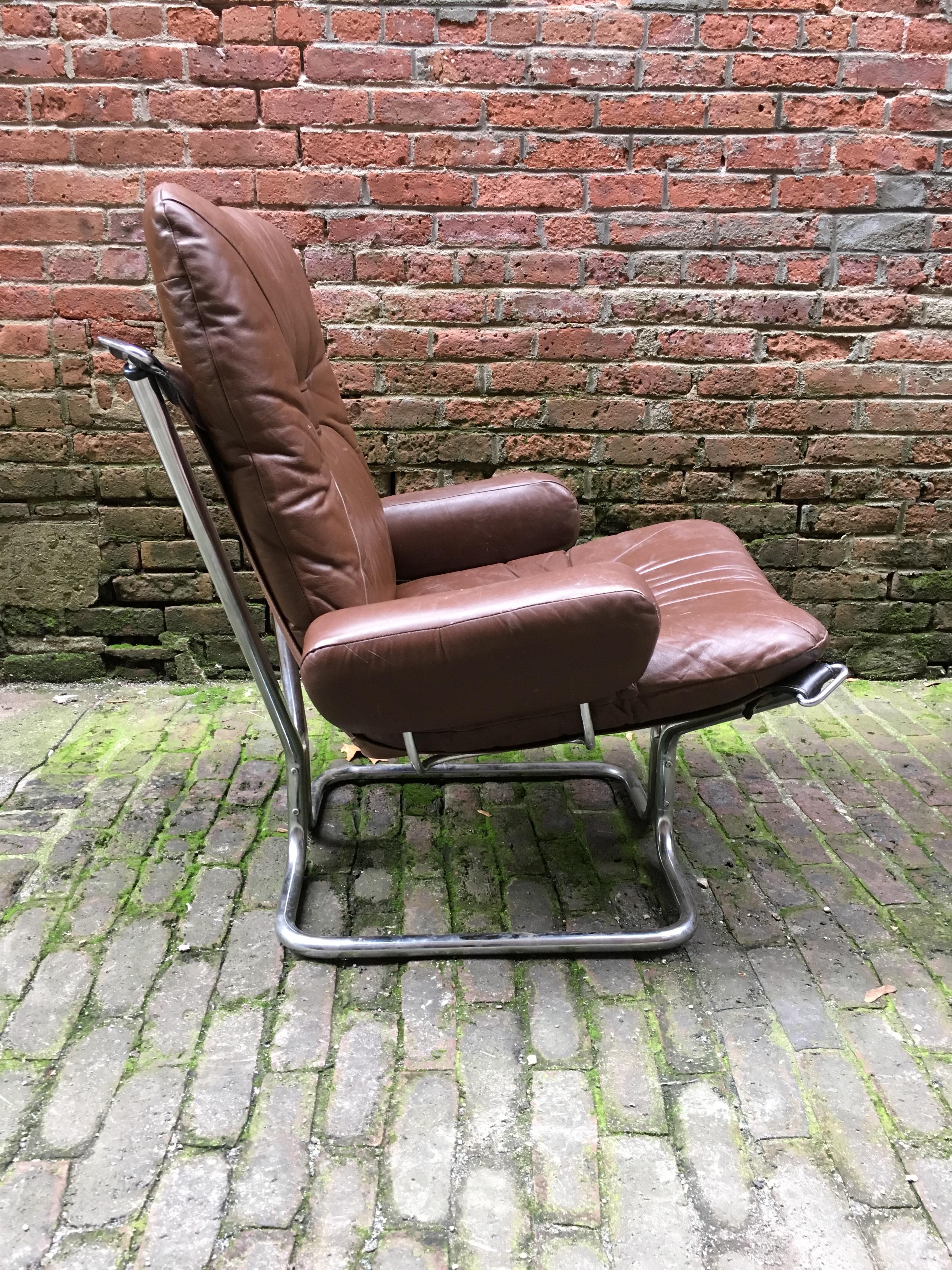 Late 20th Century Leather, Rosewood and Chrome Westnofa Armchairs and Ottoman