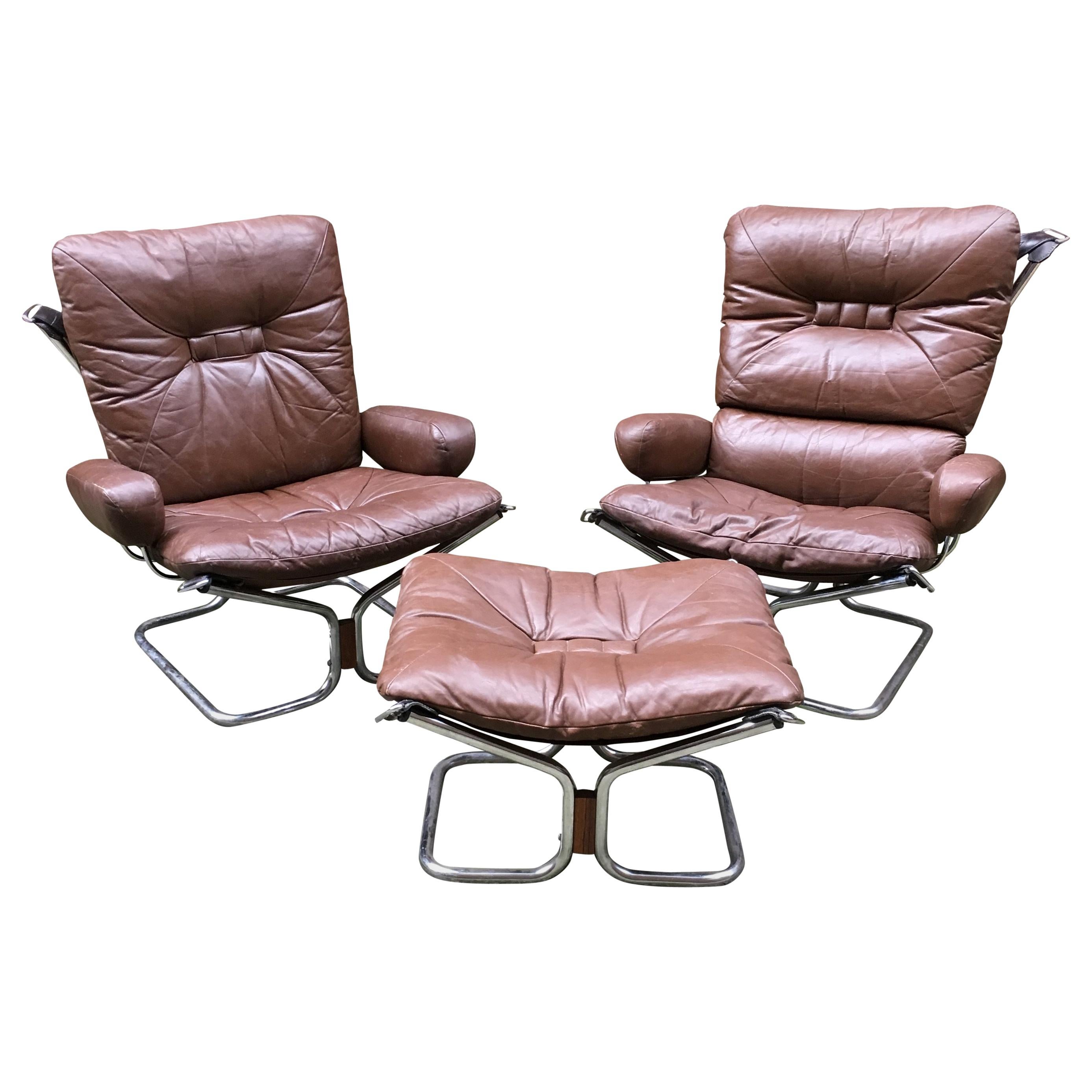 Leather, Rosewood and Chrome Westnofa Armchairs and Ottoman
