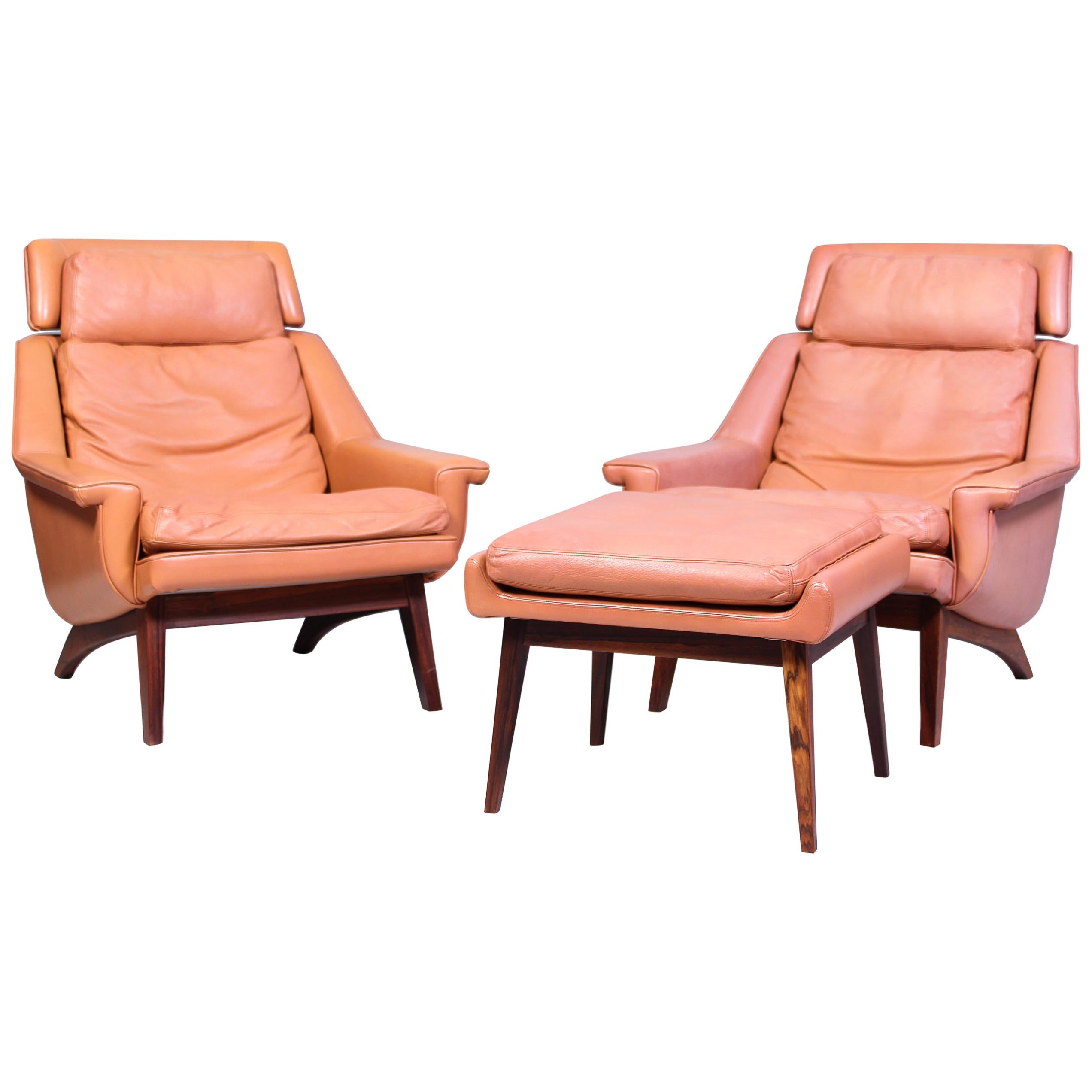 Leather & Rosewood Lounge Chairs and Ottoman by Werner Langenfled, Denmark 1960s For Sale