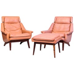 Leather & Rosewood Lounge Chairs and Ottoman by Werner Langenfled, Denmark 1960s