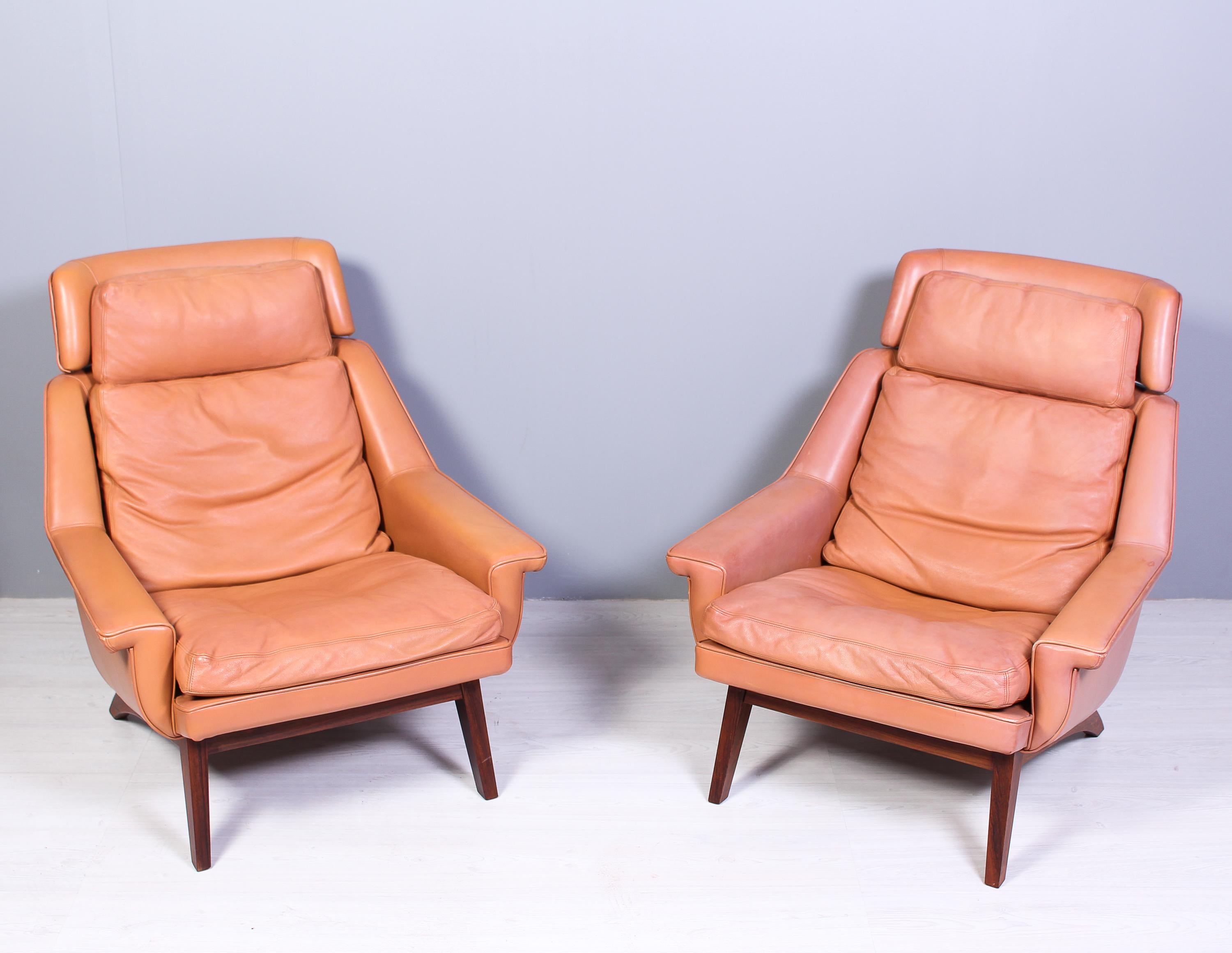 Scandinavian Modern Leather & Rosewood Lounge Chairs and Ottoman by Werner Langenfled, Denmark 1960s For Sale