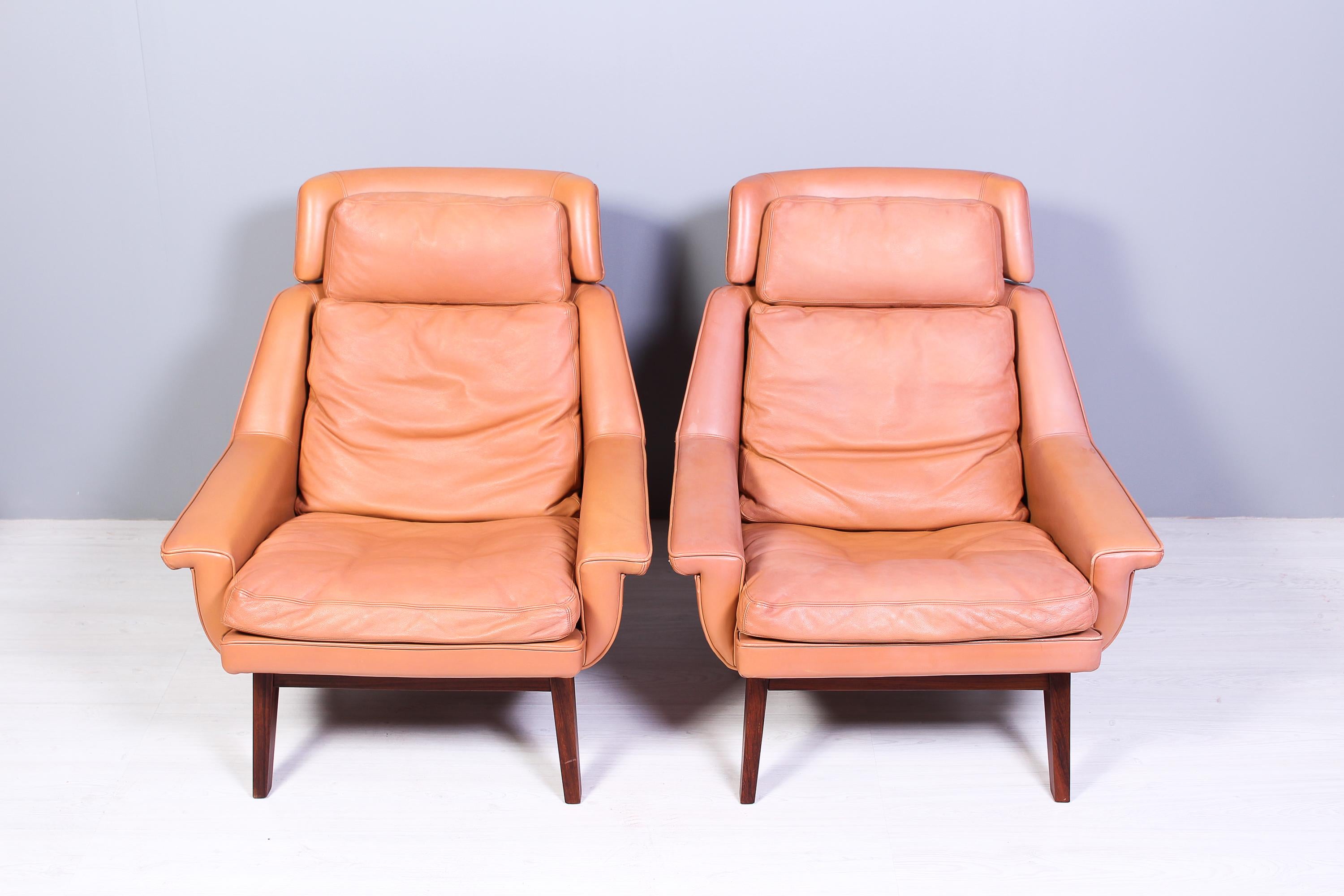Danish Leather & Rosewood Lounge Chairs and Ottoman by Werner Langenfled, Denmark 1960s For Sale