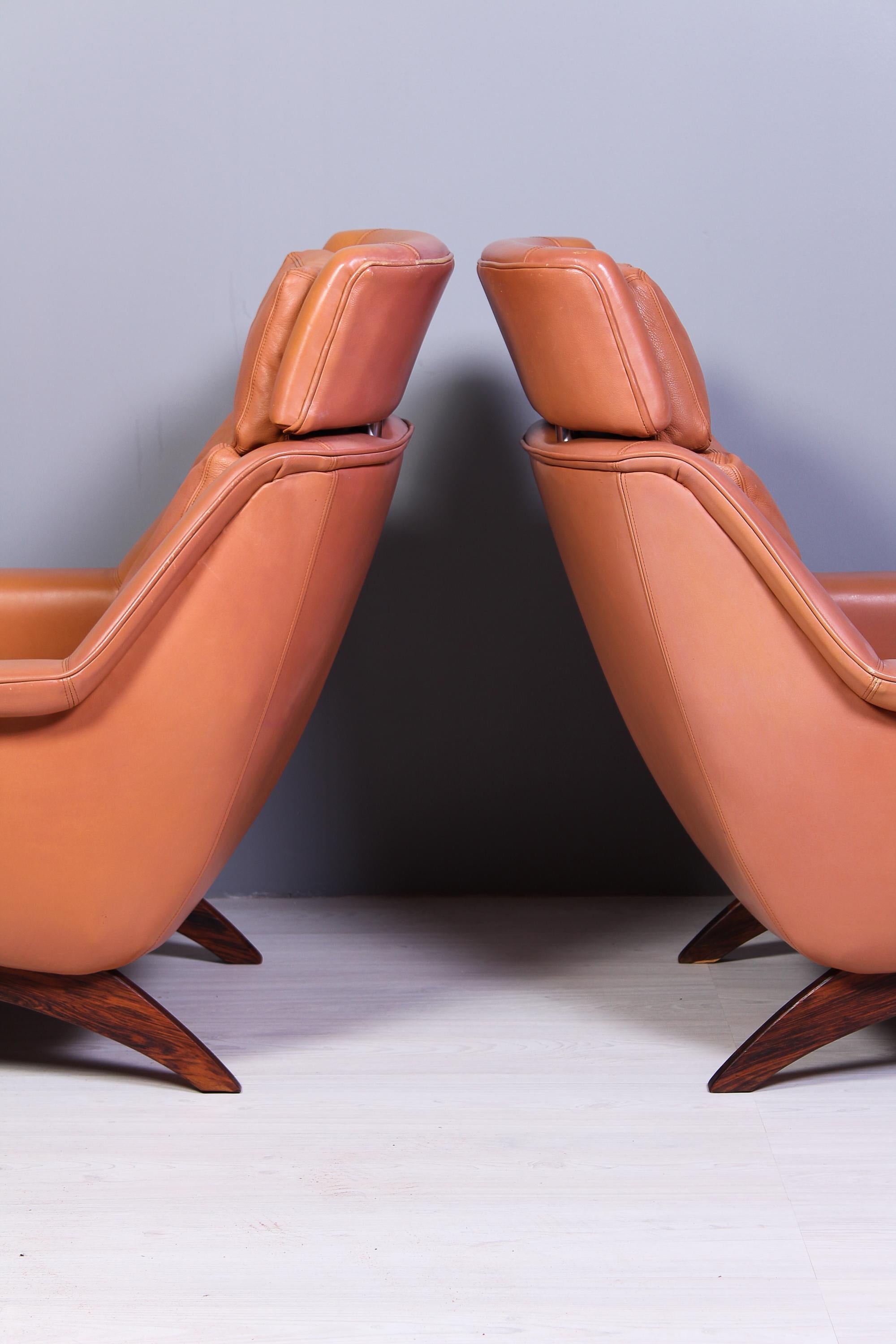 Leather & Rosewood Lounge Chairs and Ottoman by Werner Langenfled, Denmark 1960s In Good Condition For Sale In Malmo, SE