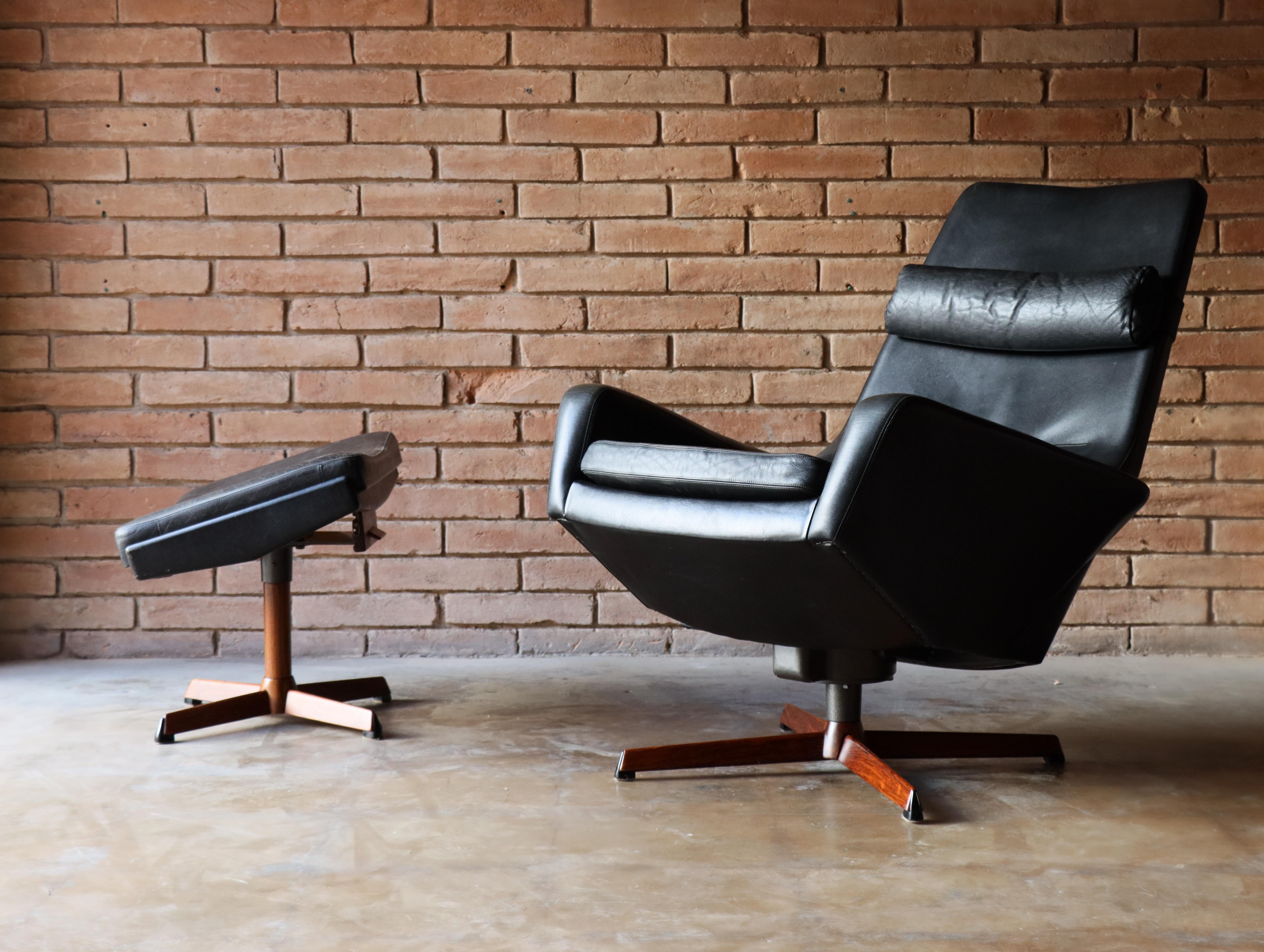 Mid-Century Modern Leather & Rosewood Reclining Lounge Chair by Madsen & Schübell - Denmark 1950s