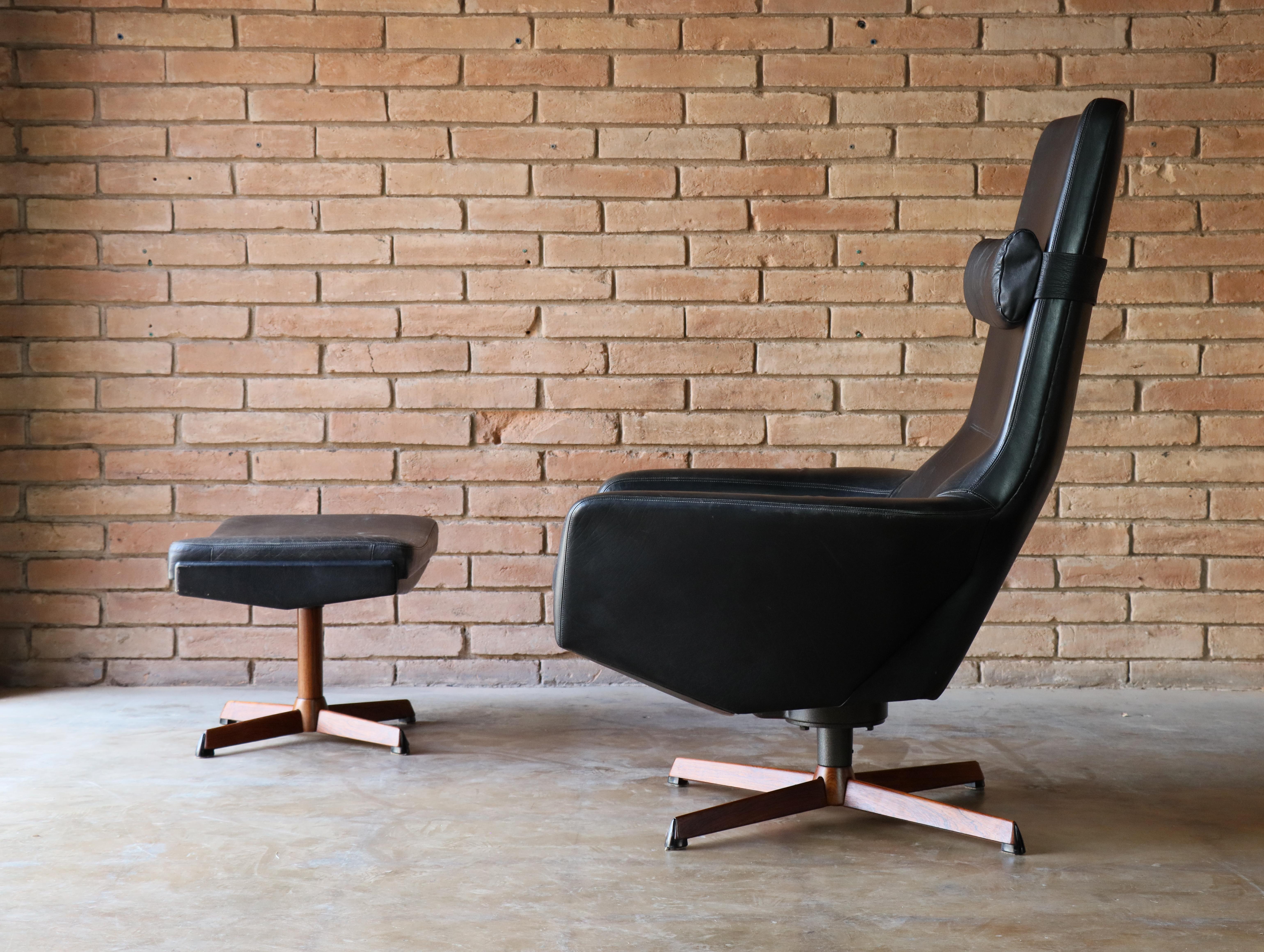 Leather & Rosewood Reclining Lounge Chair by Madsen & Schübell - Denmark 1950s 1