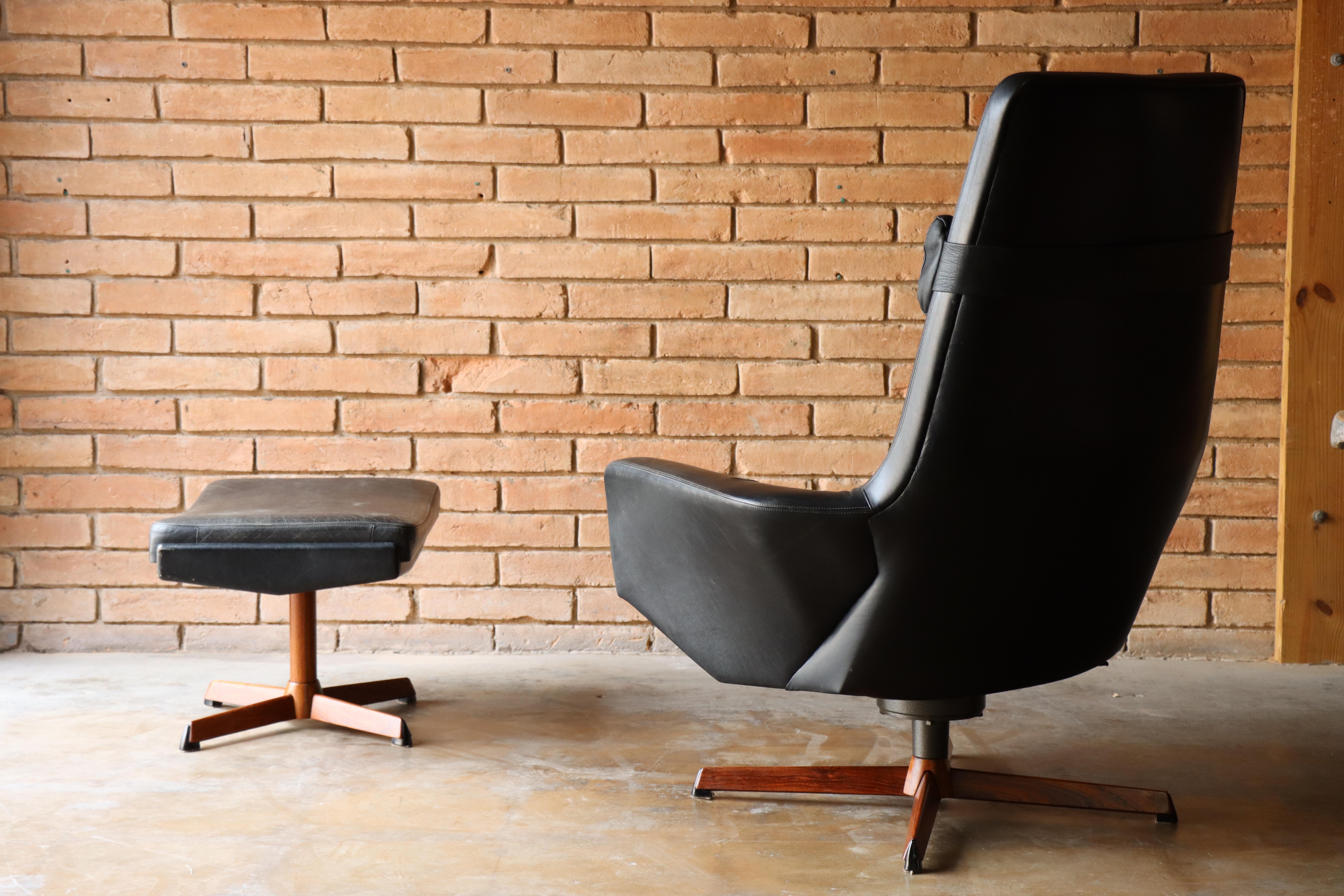 Leather & Rosewood Reclining Lounge Chair by Madsen & Schübell - Denmark 1950s 2