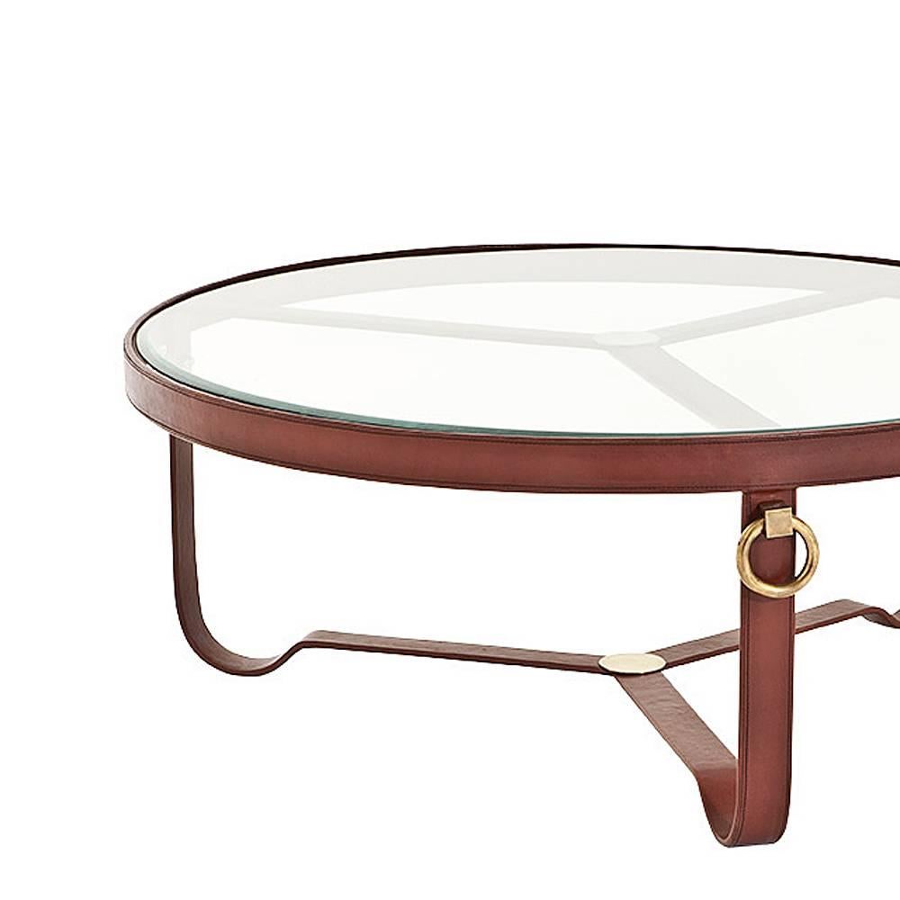 Indian Leather Round Coffee Table with Antique Brass Finish