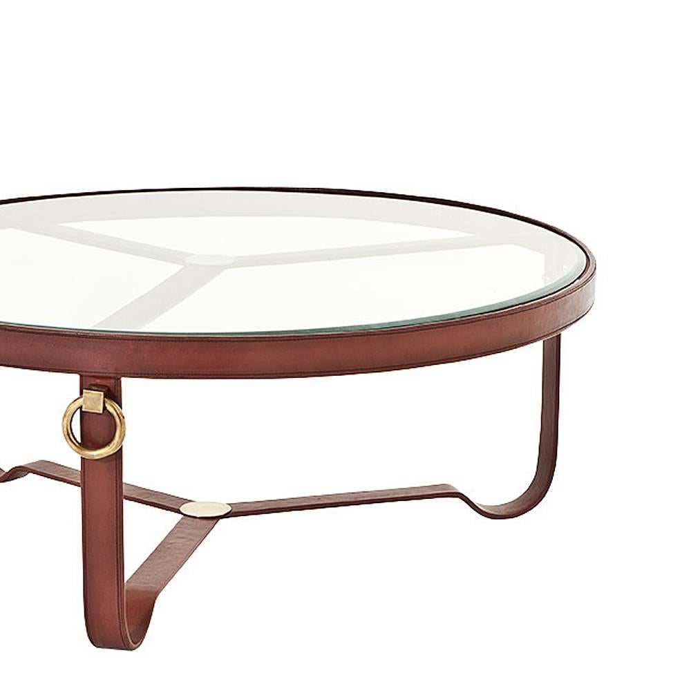 Cast Leather Round Coffee Table with Antique Brass Finish