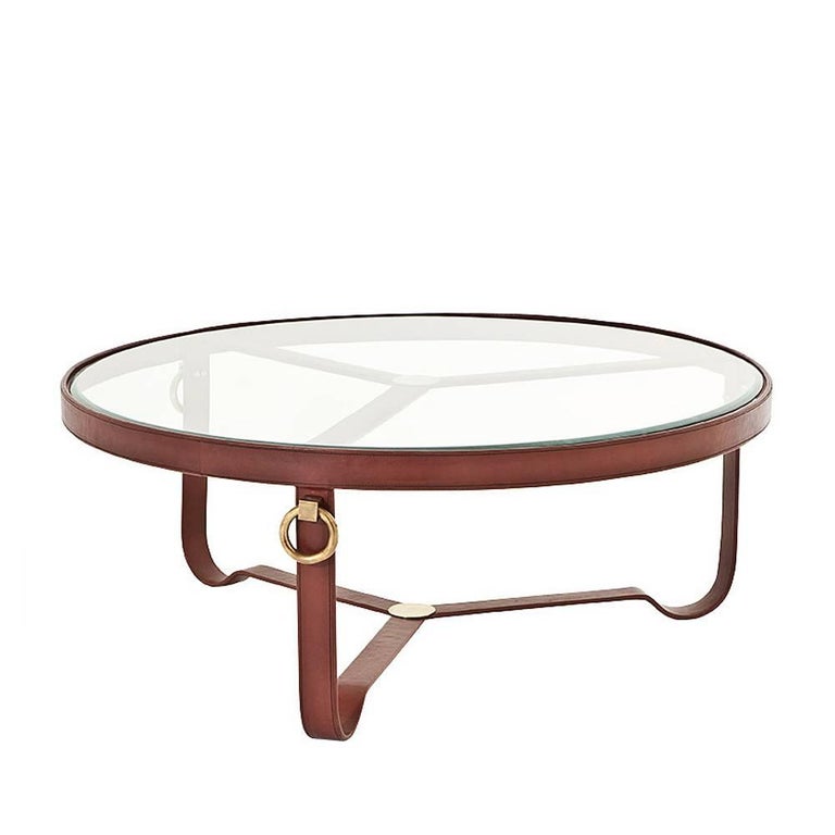 Leather Round Coffee Table with Antique Brass Finish For Sale at 1stDibs