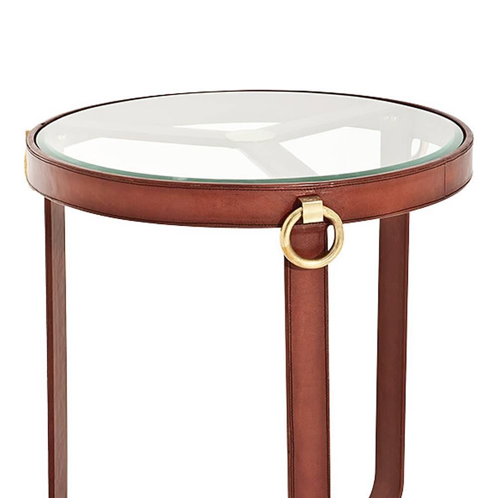 Indian Leather Round Side Table with Antique Brass Finish