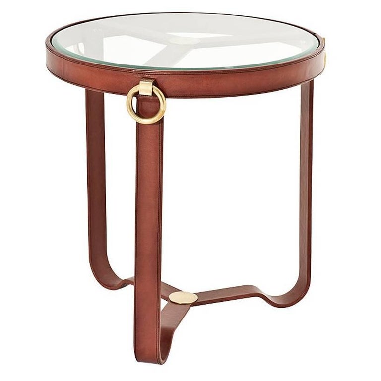 Leather Round Side Table with Antique Brass Finish For Sale at 1stDibs