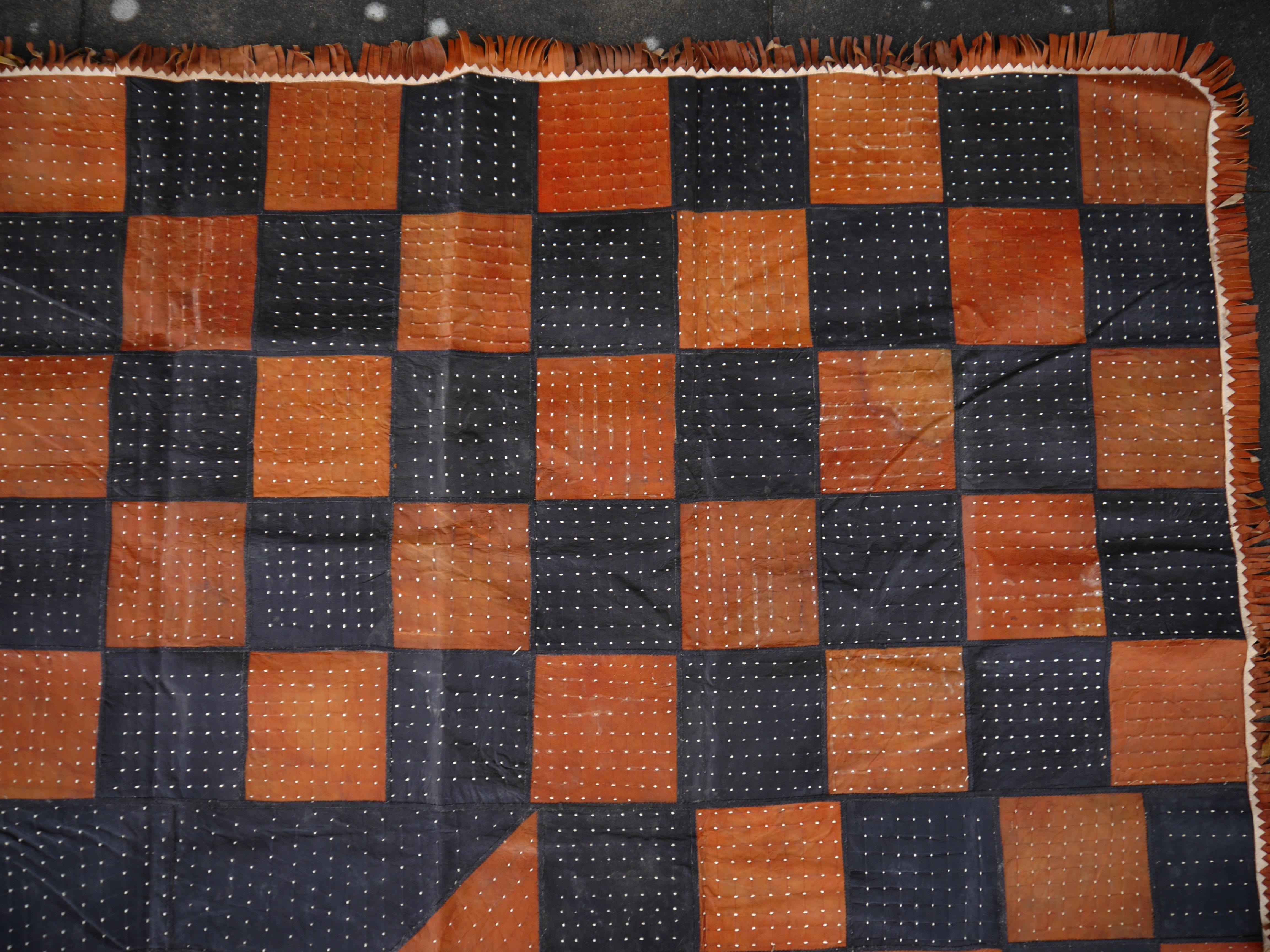 Leather Rug Black Brown Tuareg Carpet from Mauretania North African Patchwork 2