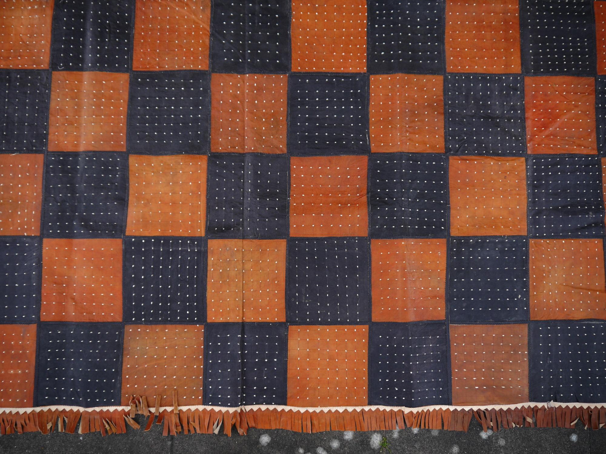 Moorish Leather Rug Black Brown Tuareg Carpet from Mauretania North African Patchwork