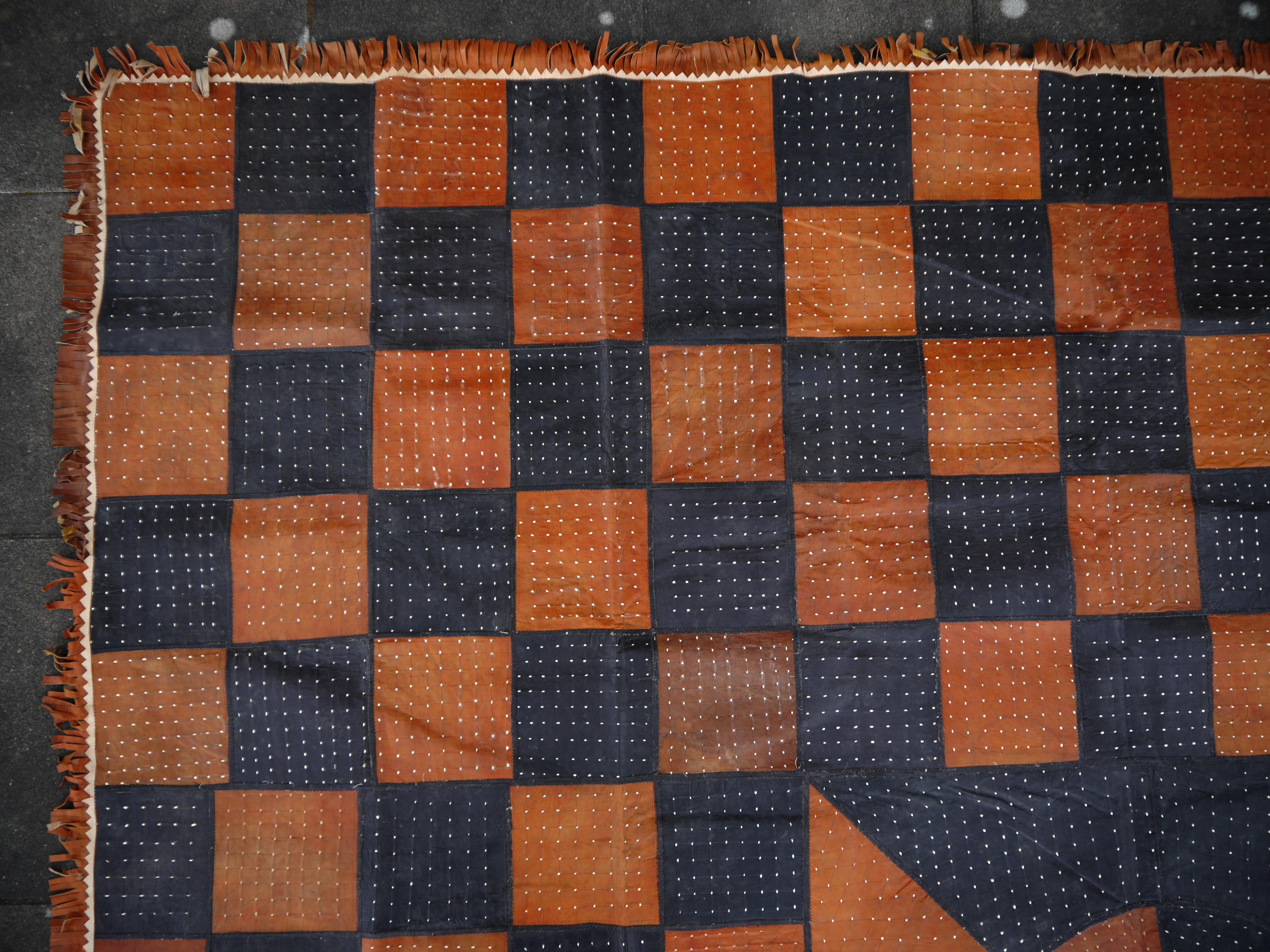 Wool Leather Rug Black Brown Tuareg Carpet from Mauretania North African Patchwork