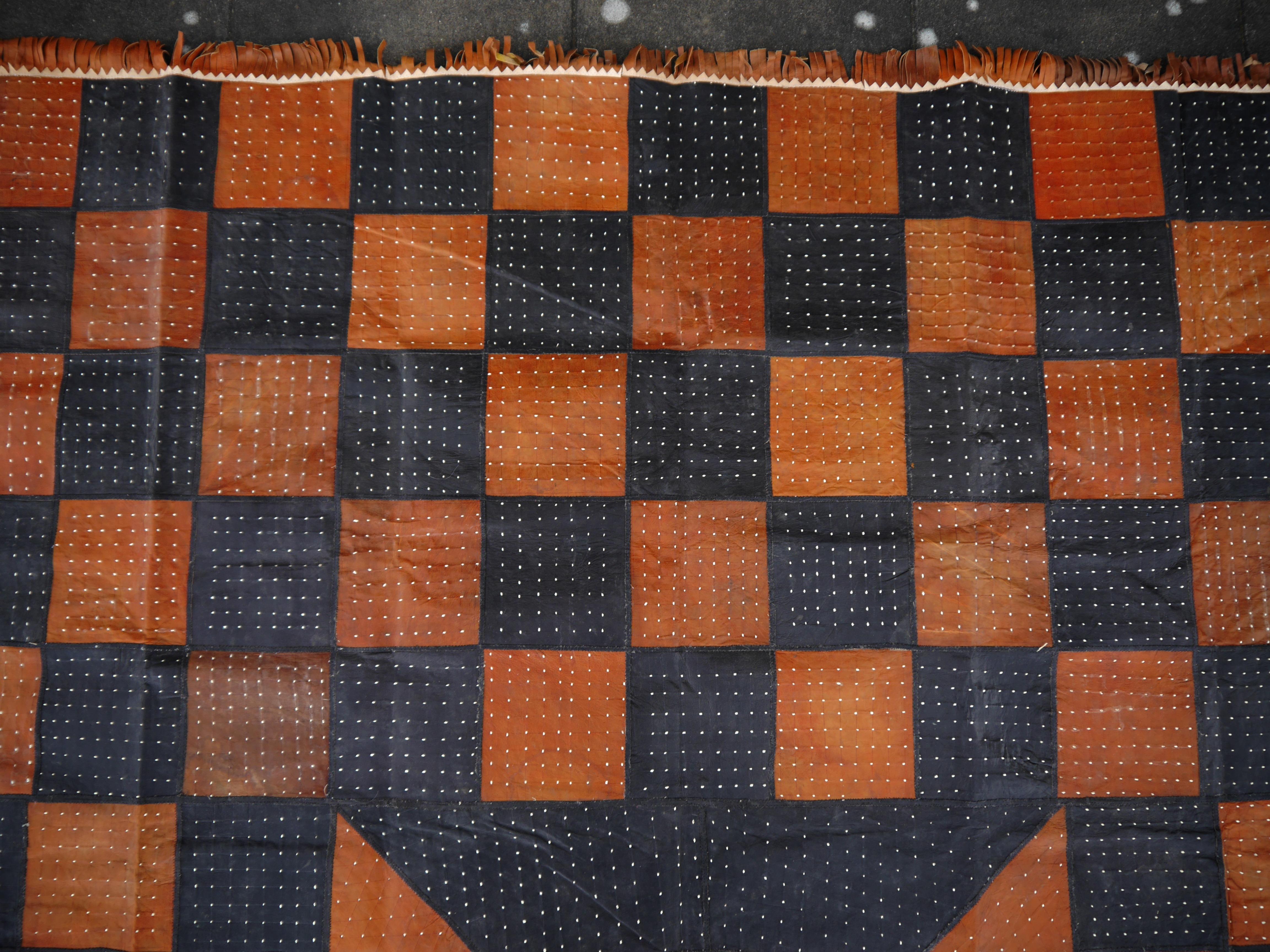 Leather Rug Black Brown Tuareg Carpet from Mauretania North African Patchwork 1