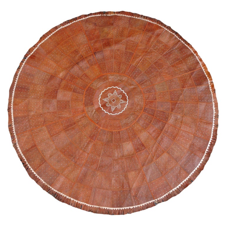 Leather Rug Brown Tuareg Carpet from Mauretania North African Round at
