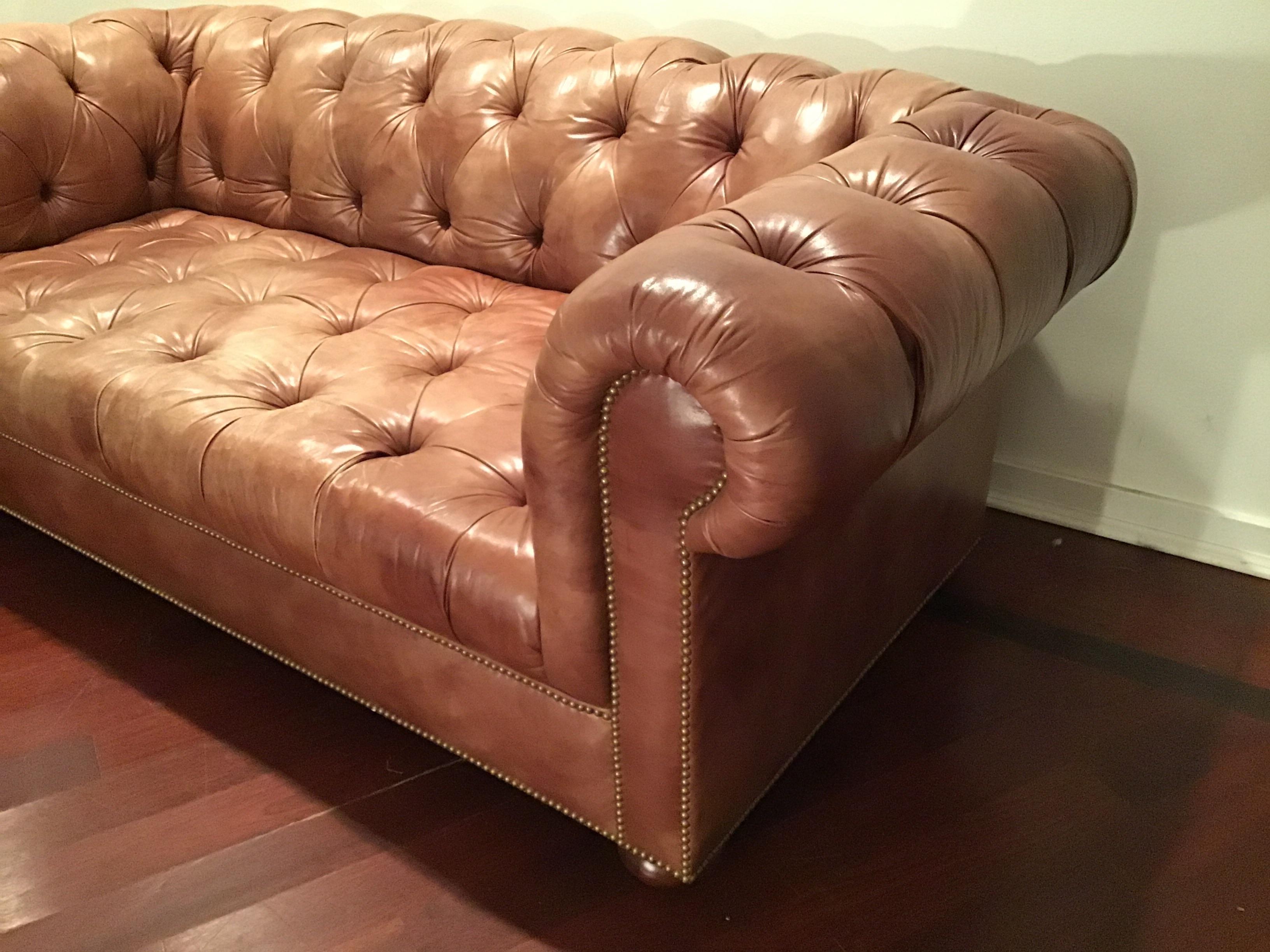 Leather Saddle Colored Chesterfield Sofa In Good Condition In Tarrytown, NY