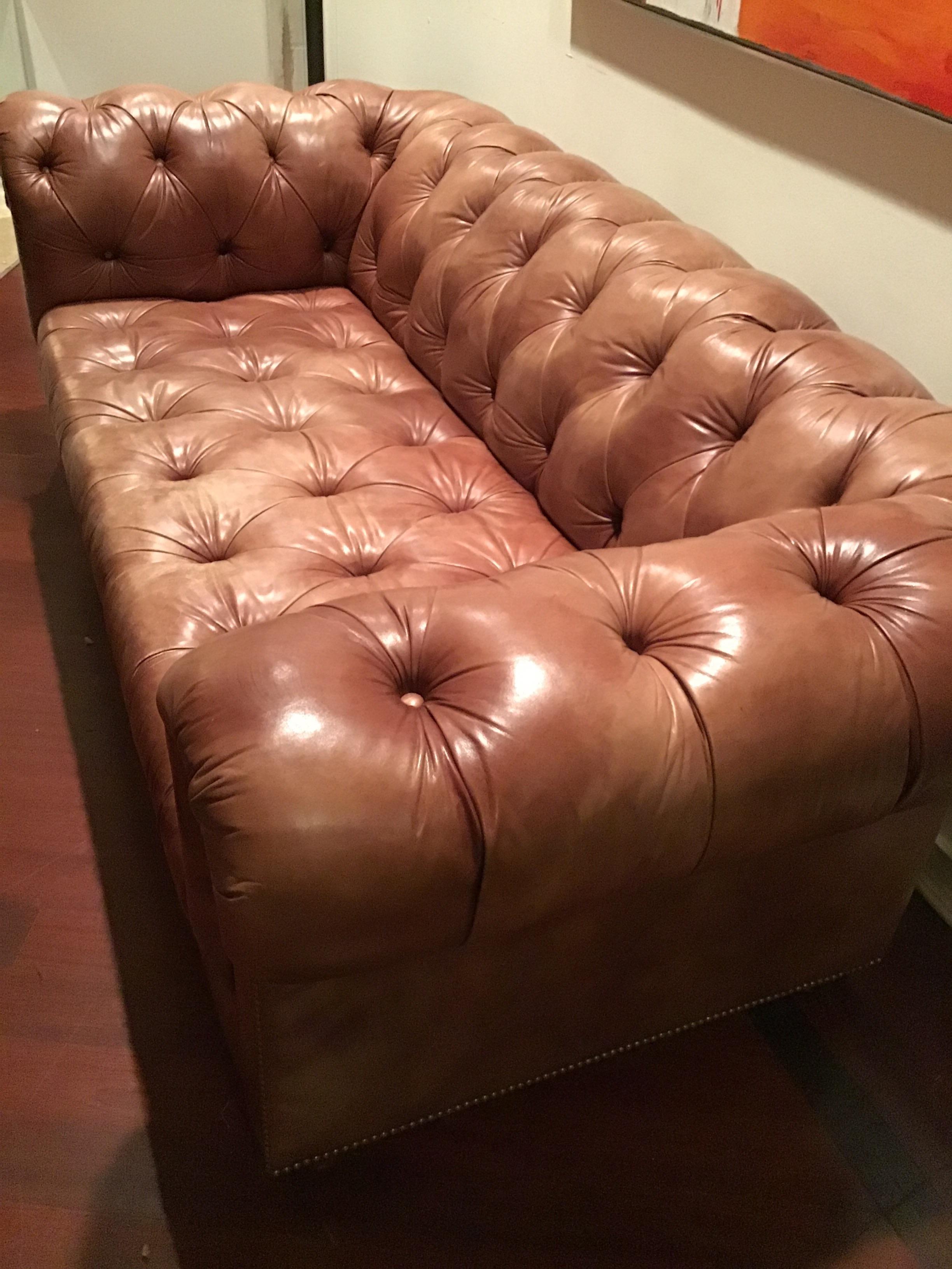 Late 20th Century Leather Saddle Colored Chesterfield Sofa