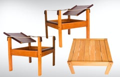 Leder-Safari-Sessel und Couchtisch von Karl Heinz Bergmiller für Escriba