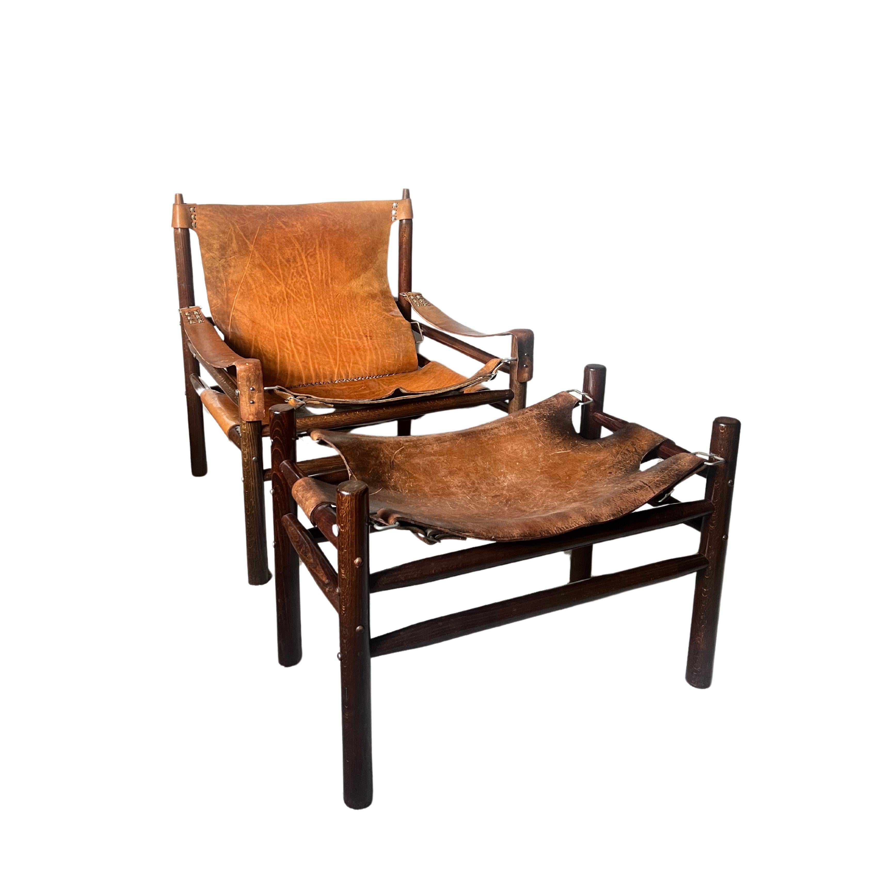 Leather Safari Lounge Chair with Ottoman, in the style of Arne Norell, 1970s In Good Condition In Budapest, HU
