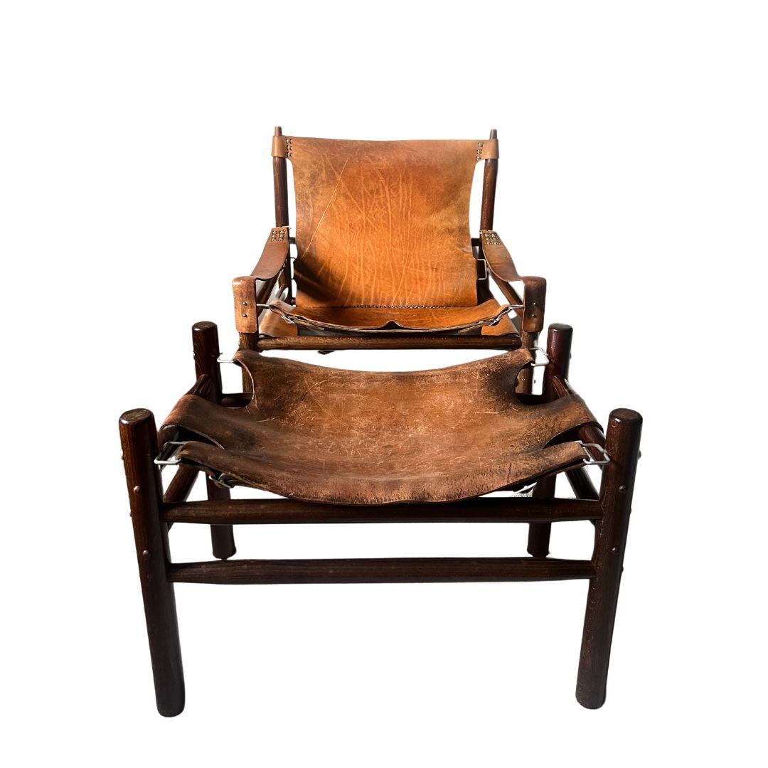 Late 20th Century Leather Safari Lounge Chair with Ottoman, in the style of Arne Norell, 1970s