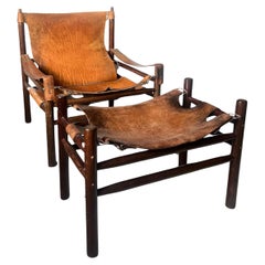 Leder-Safari-Loungesessel mit Ottomane aus Leder, im Stil von Arne Norell, 1970er Jahre