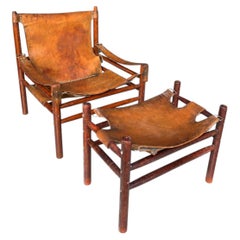 Sedia da salotto Safari in pelle con ottomana, in stile Arne Norells, anni '70