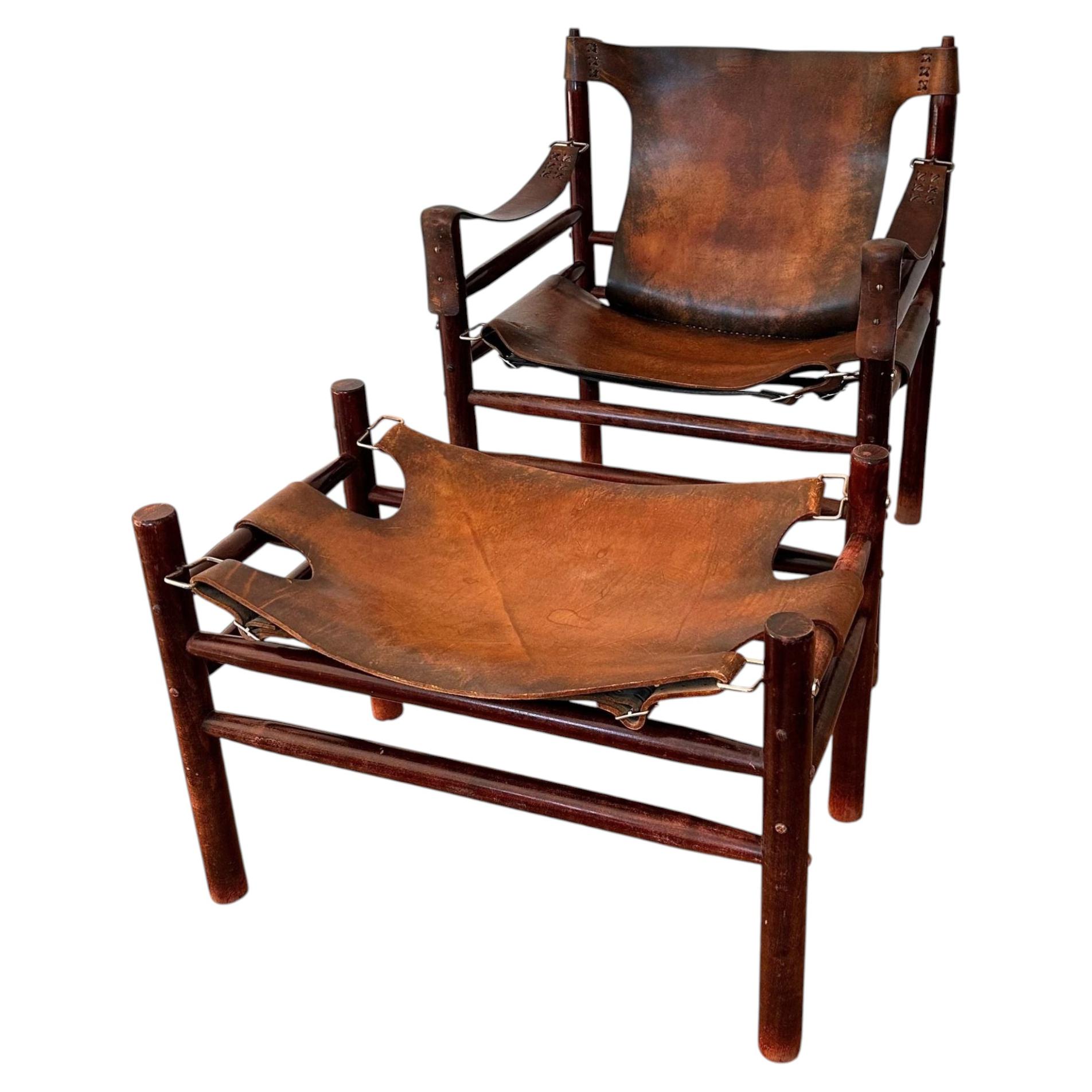 Leather Safari Lounge Chair with Ottoman, in the style of Arne Norell, 1970s