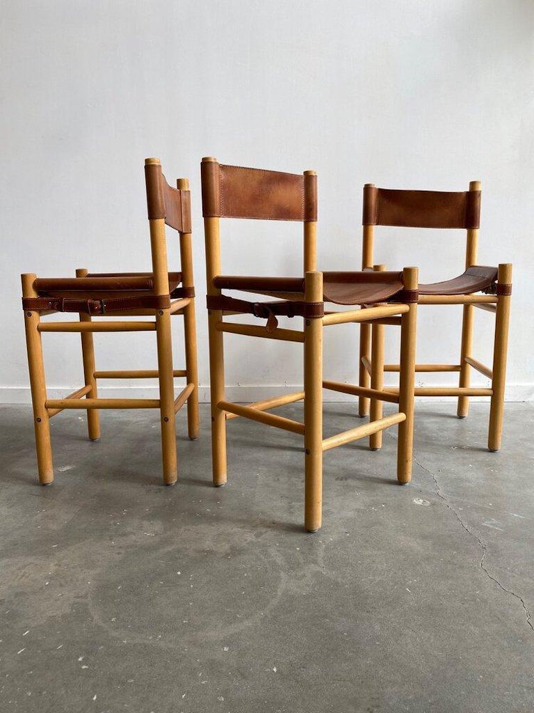 Mid-Century Modern Leather Safari Mid Century Barstools in the Manner of