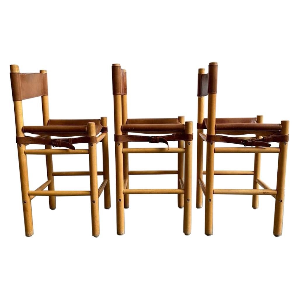 Leather Safari Mid Century Barstools in the Manner of