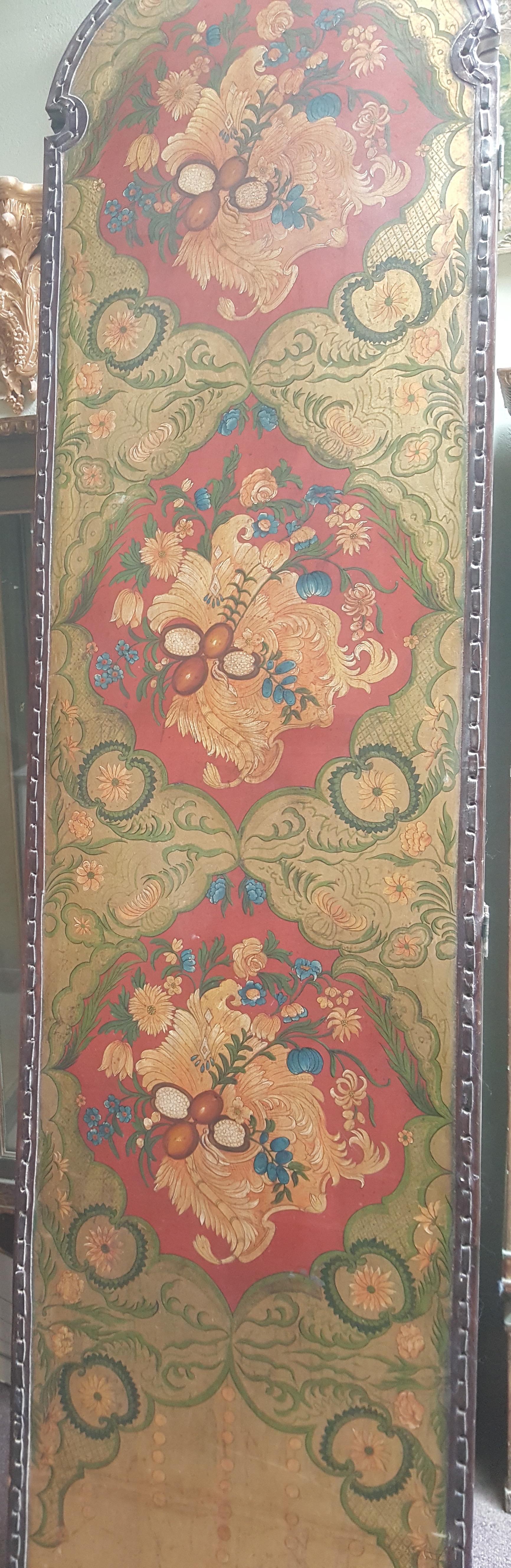 Leather Screen with Gilded Floral Scene In Good Condition For Sale In San Francisco, CA