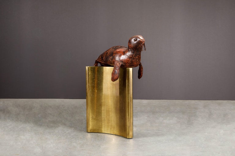A wonderful collectors example of the 'Seal' leather animal by Dimitri Omersa for Abercrombie and Fitch, circa 1970s. This example is in beautiful lightly aged with light patina. Sturdy and structurally sound, this seal is ready to be used as a fun