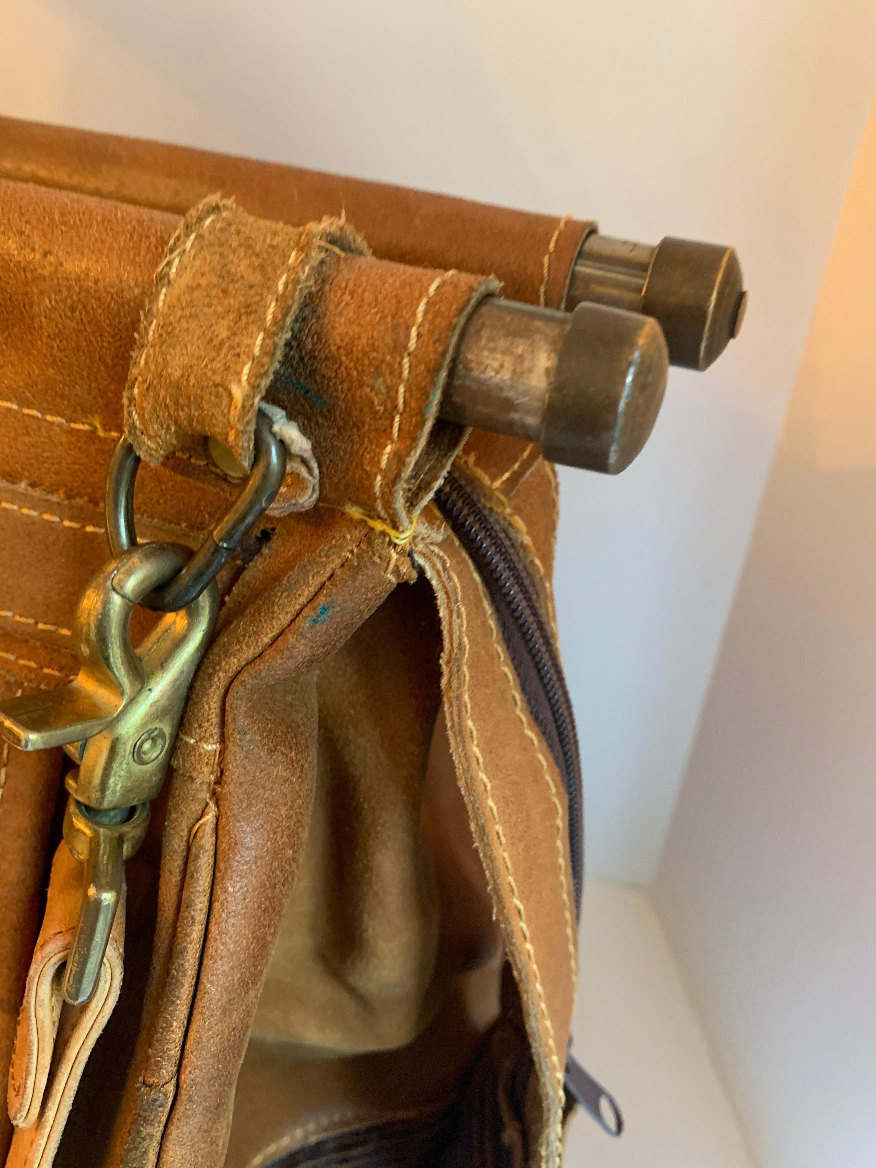 Leather Shoulder Duffle Style Bag with Brass Supports For Sale 7