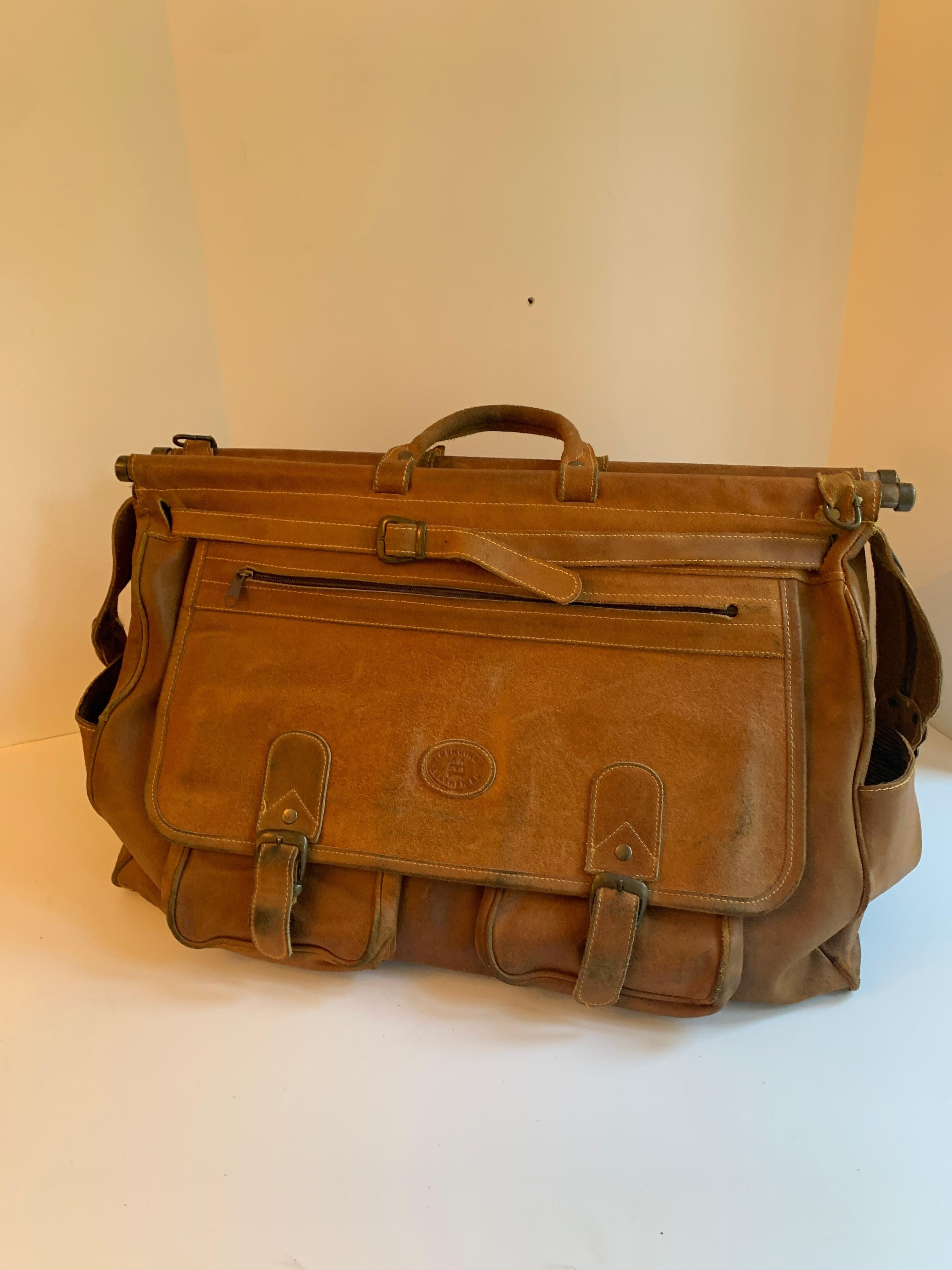 Leather Shoulder Duffle Style Bag with Brass Supports In Good Condition For Sale In Los Angeles, CA