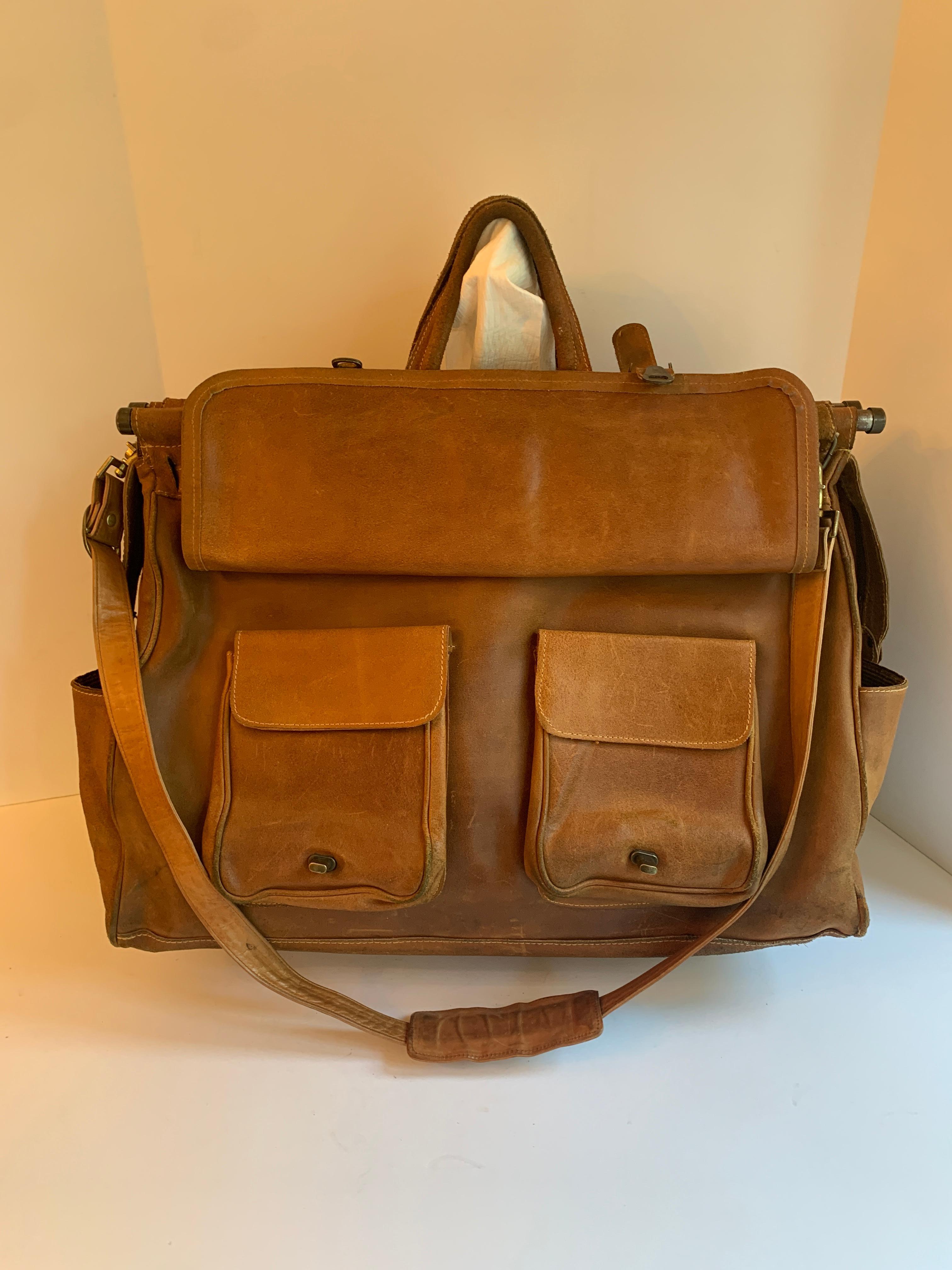 Leather Shoulder Duffle Style Bag with Brass Supports For Sale 1
