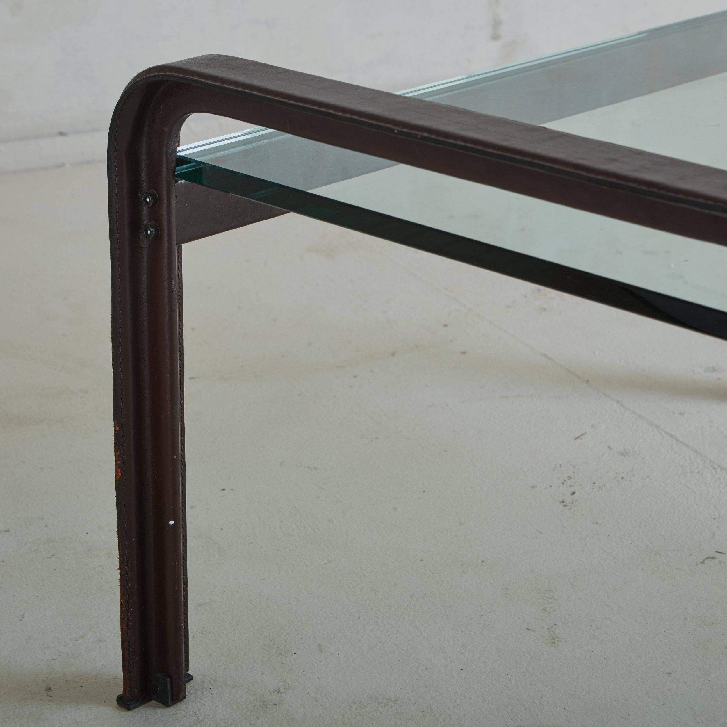 Leather Side Table with Glass Top by Tito Agnoli for Matteo Grassi, 1970s For Sale 3