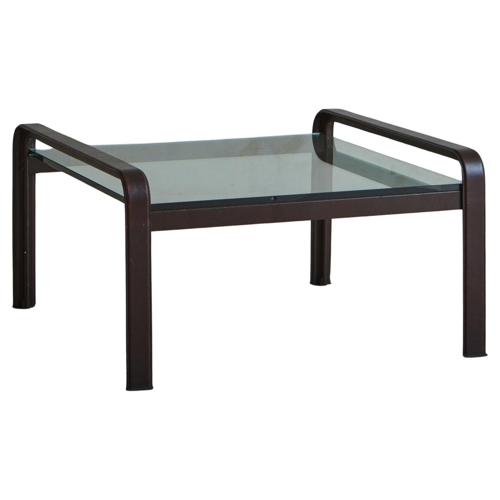 Leather Side Table with Glass Top by Tito Agnoli for Matteo Grassi, 1970s For Sale