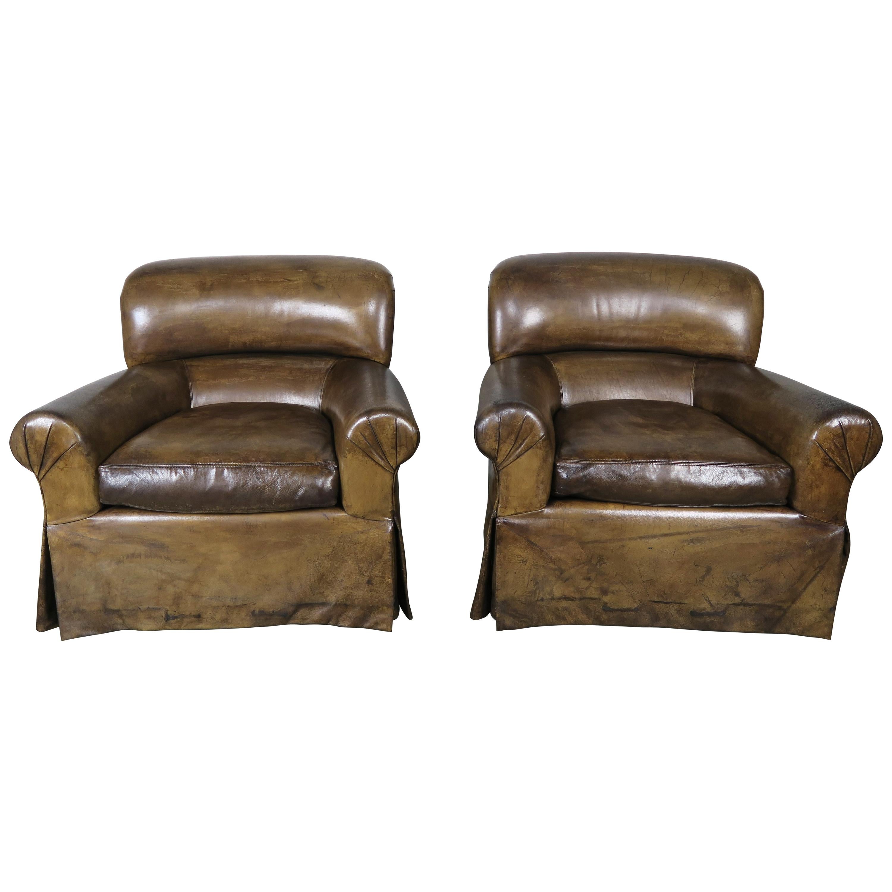 Leather Skirted Club Swivel Armchairs, Pair