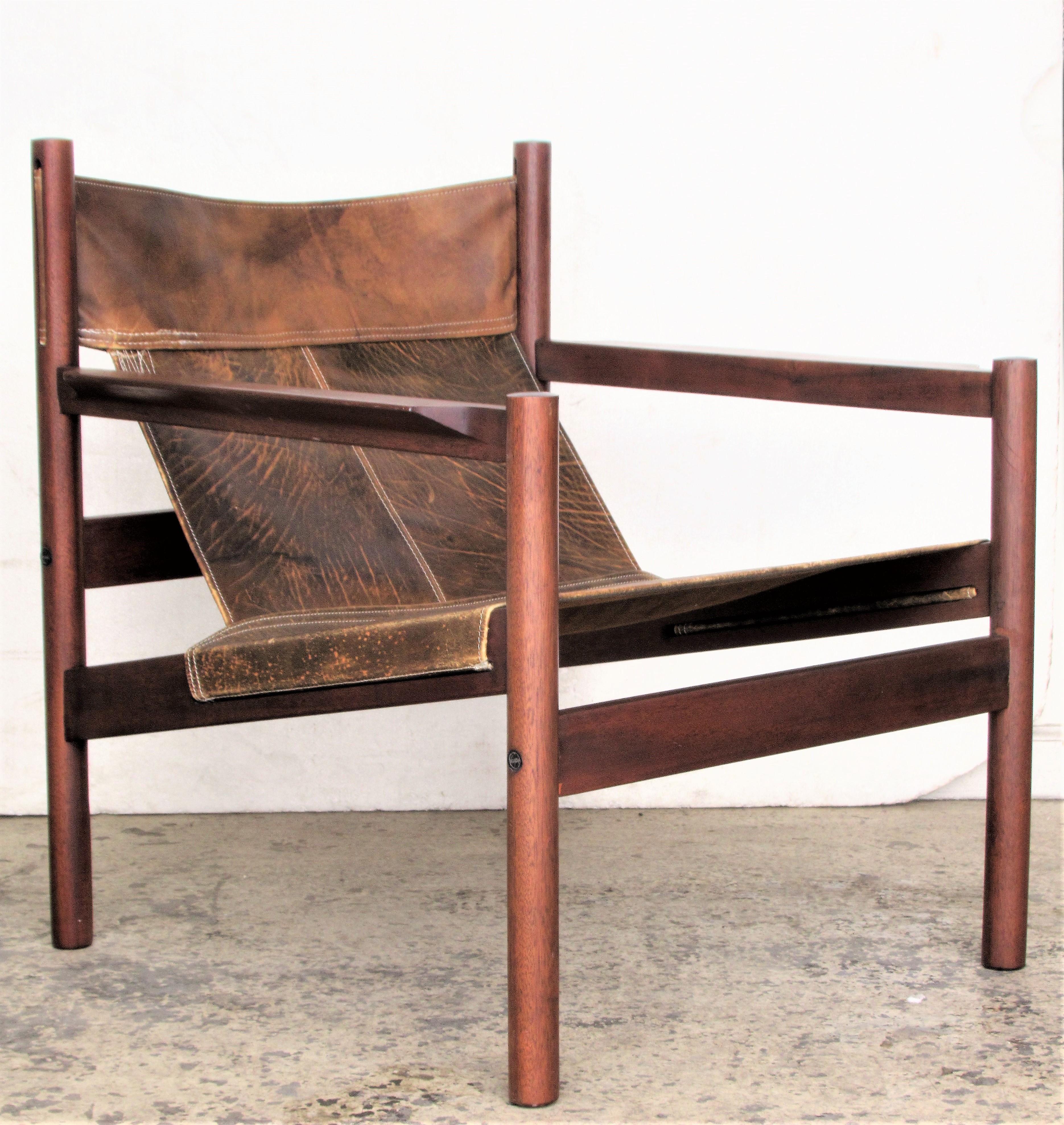 Mid-Century Modern Leather Sling Lounge Chair by Michel Arnoult