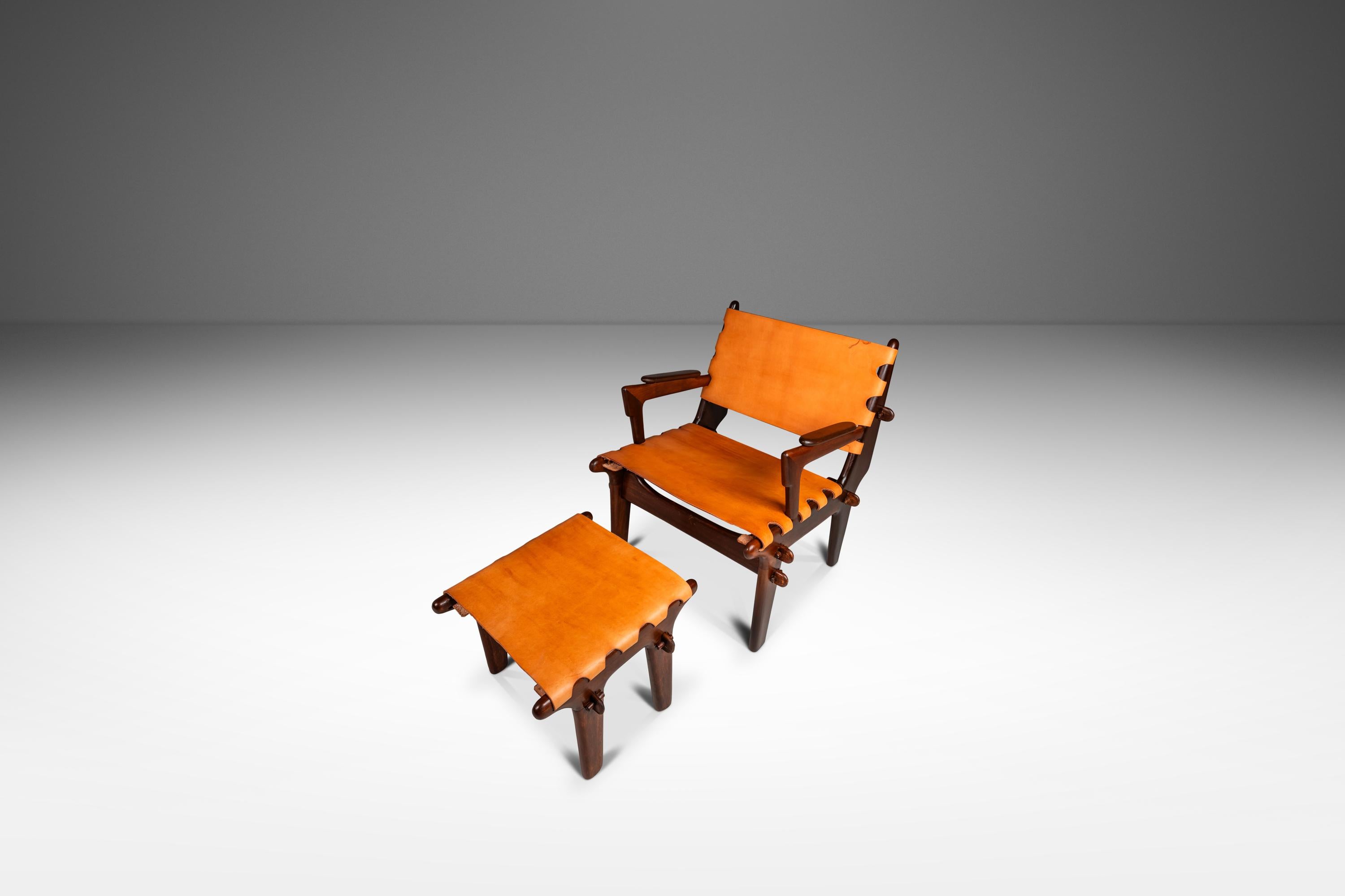 Mid-Century Modern Leather Sling Lounge Chair & Ottoman Set by Angel Pazmino, Ecuador, c. 1960s For Sale
