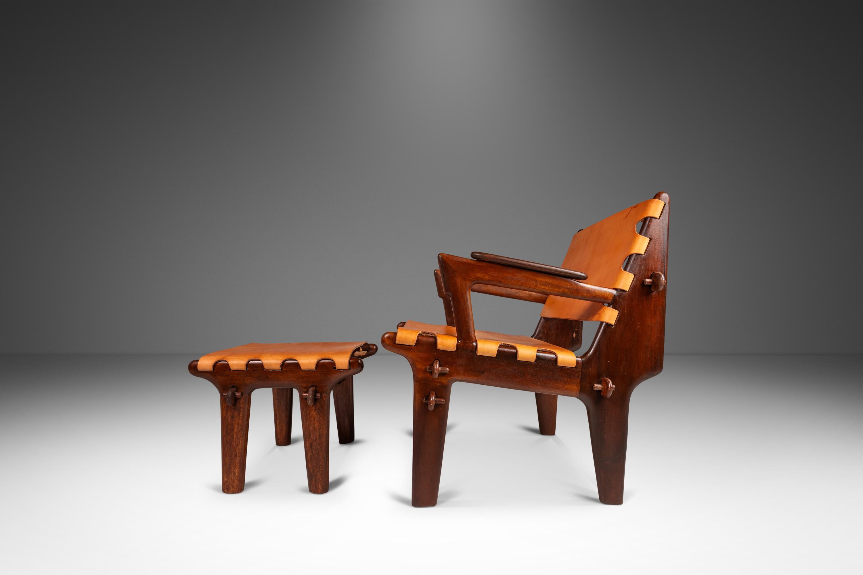 Ecuadorean Leather Sling Lounge Chair & Ottoman Set by Angel Pazmino, Ecuador, c. 1960s For Sale