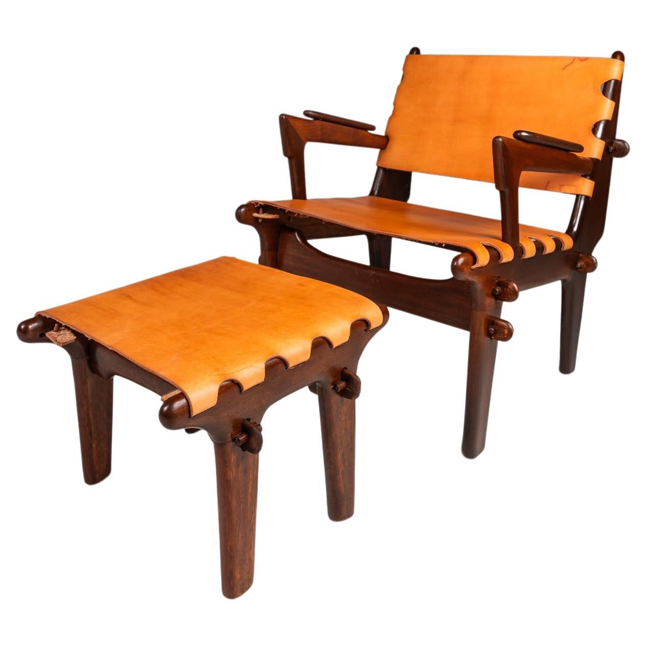 Leather Sling Lounge Chair & Ottoman Set by Angel Pazmino, Ecuador, c. 1960s