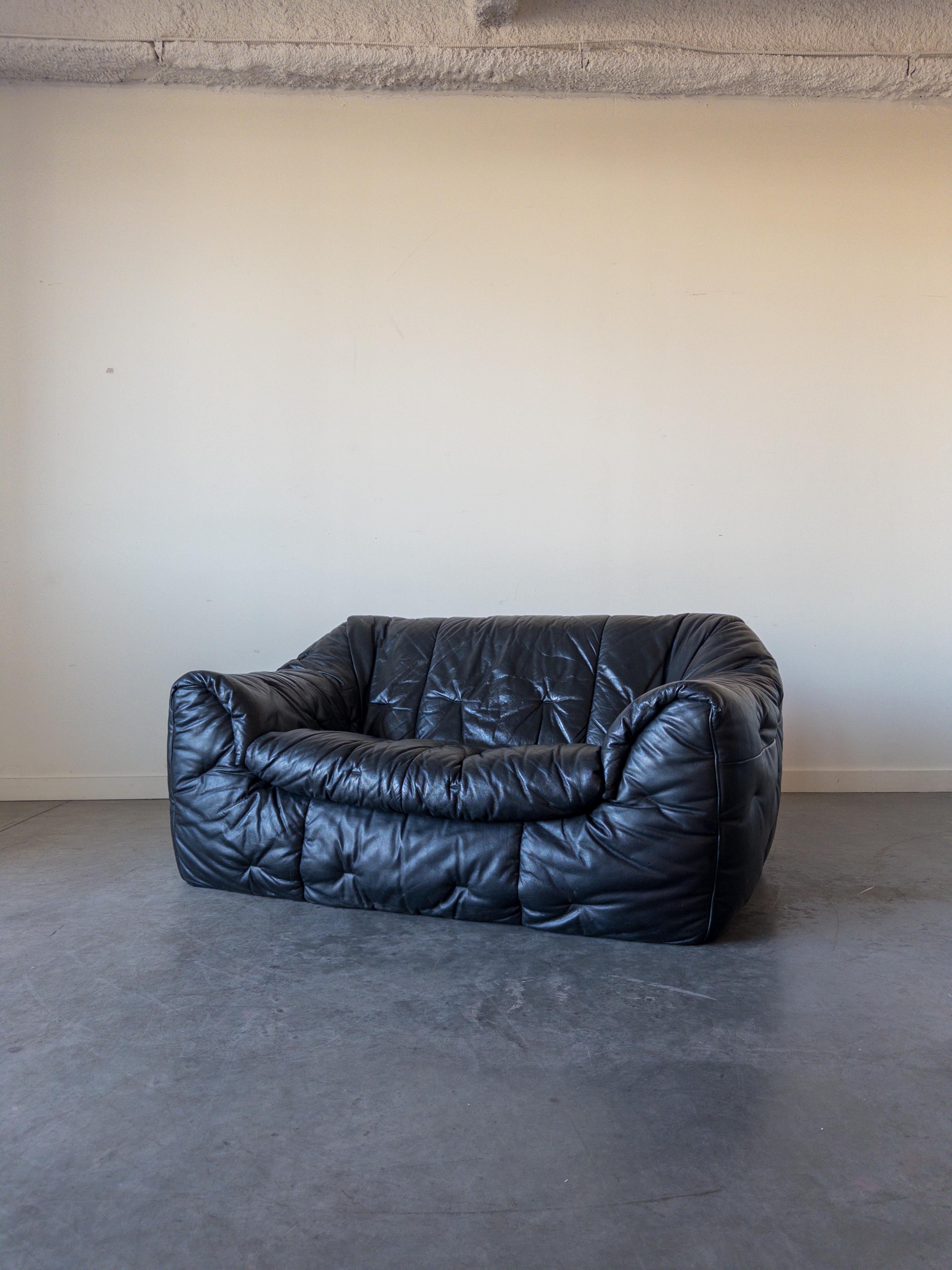 French Leather Sloop 2-Seater Sofa by Michel Ducaroy for Ligne Roset For Sale