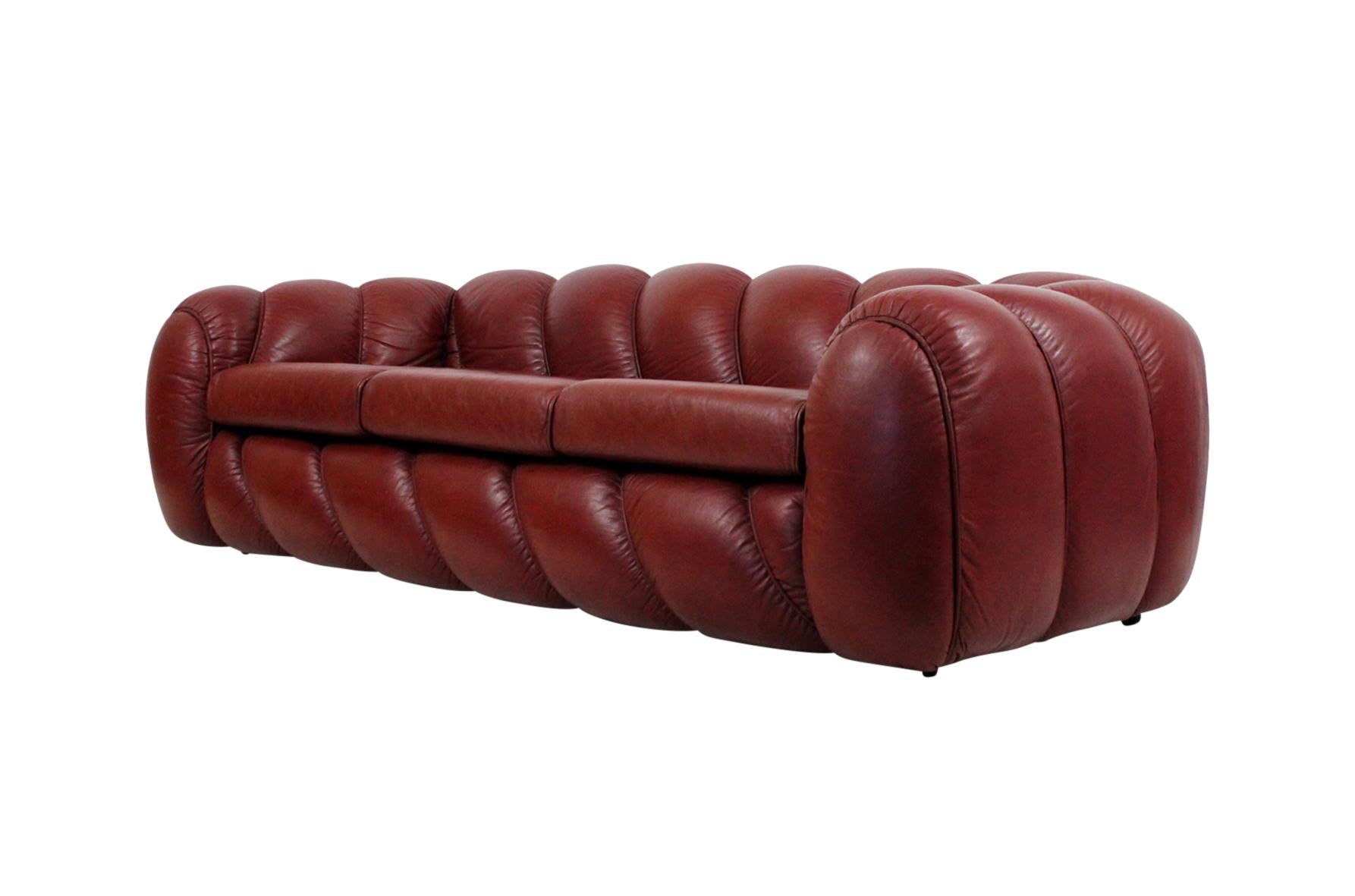 Italian leather sofa by Vivai del Sud. Beautifully patinated rich burgundy leather.