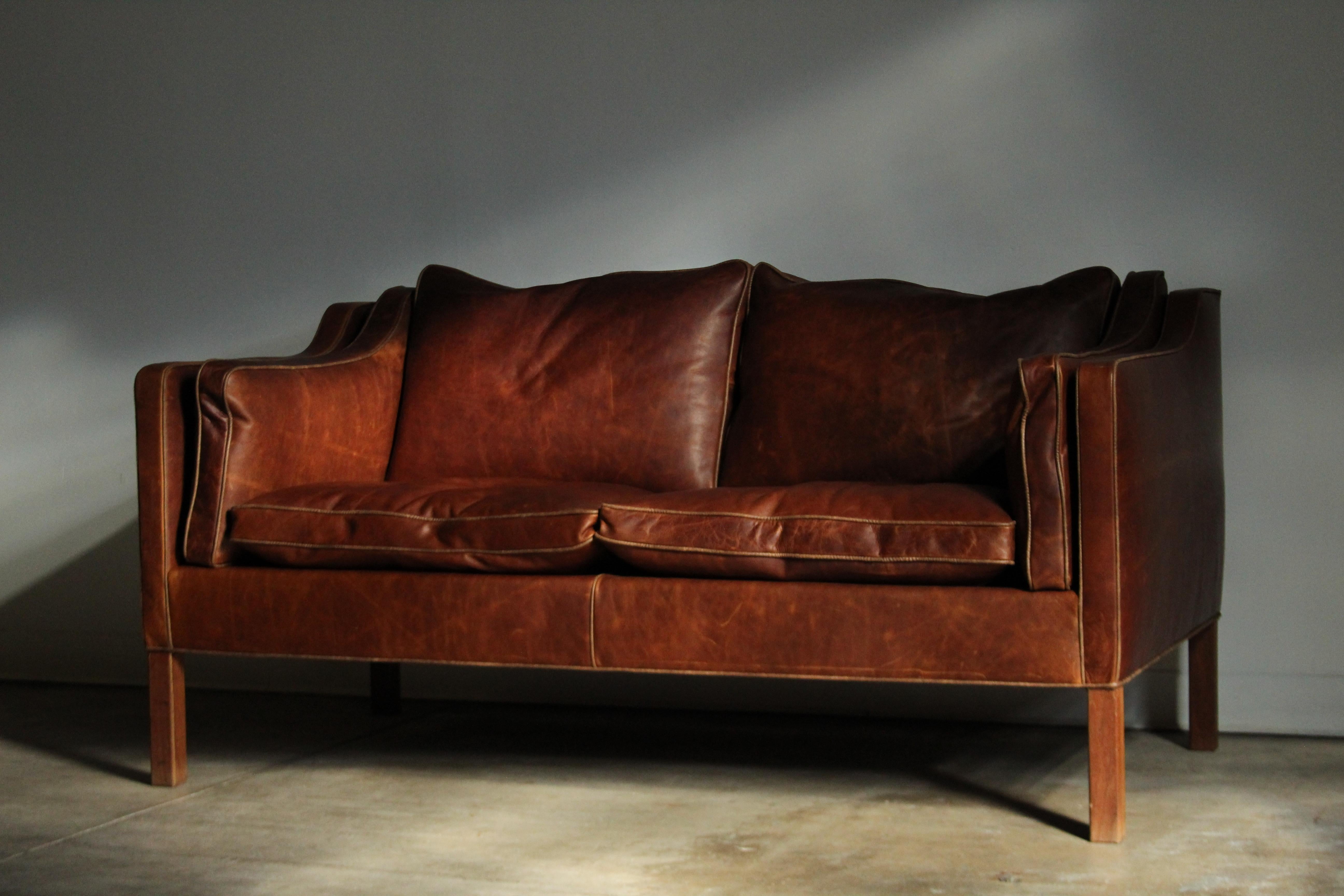 Danish Leather Sofa Loveseat by Borge Mogensen for Frederica, 1950s