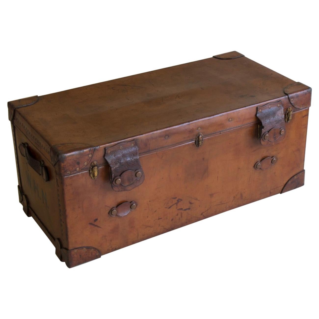 Leather Steamer Trunk by Finnigans, circa 1920 For Sale
